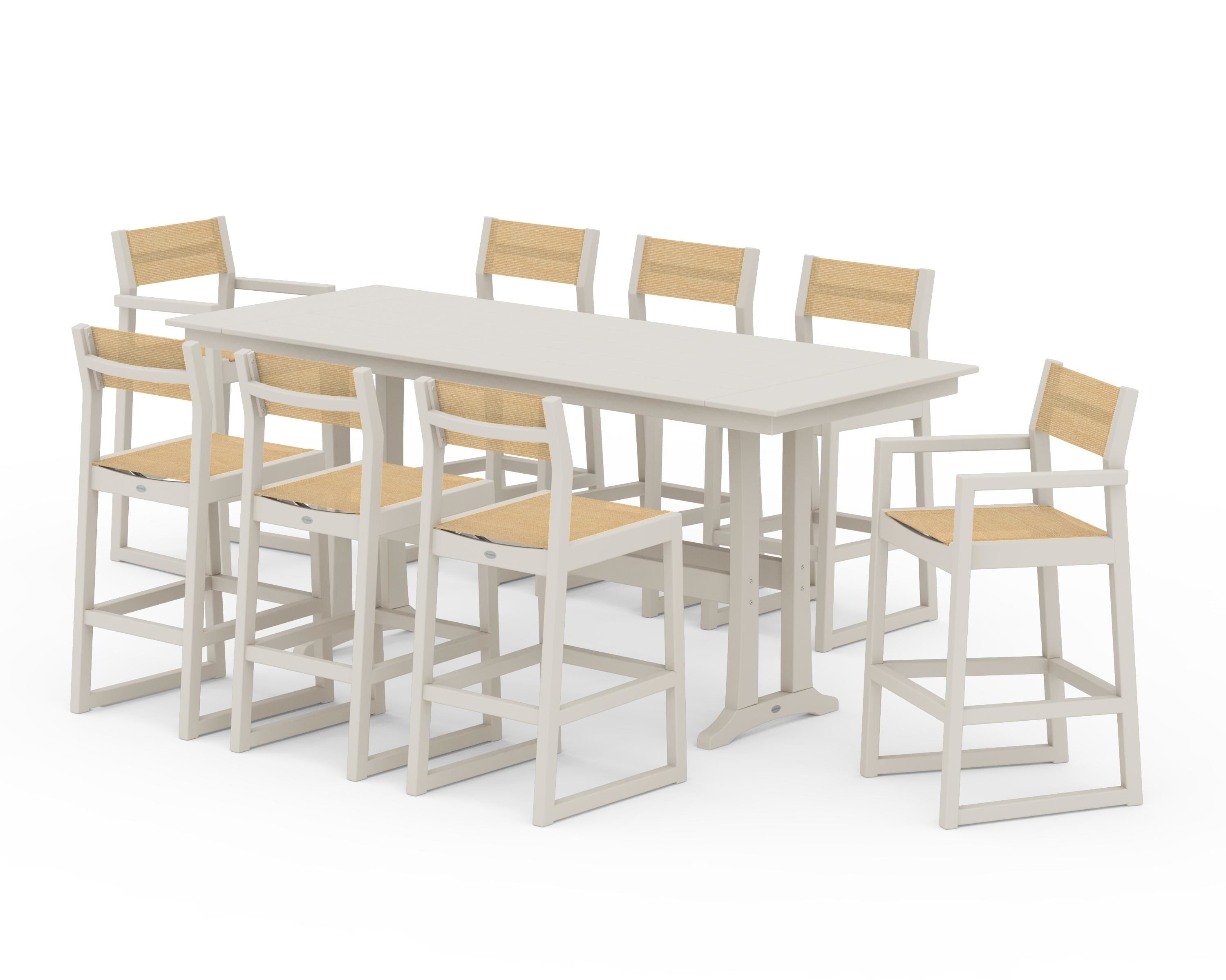 POLYWOOD EDGE Sling 9-Piece Farmhouse Bar Set with Trestle Legs in Sand / Dupioni Apricot Sling