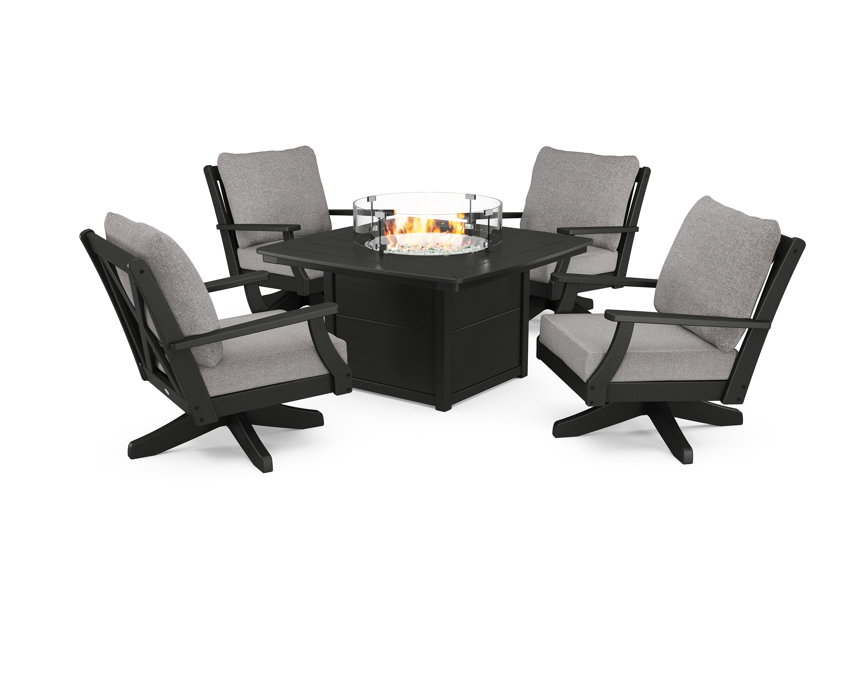 POLYWOOD Braxton 5-Piece Deep Seating Swivel Conversation Set with Fire Pit Table in Black / Grey Mist