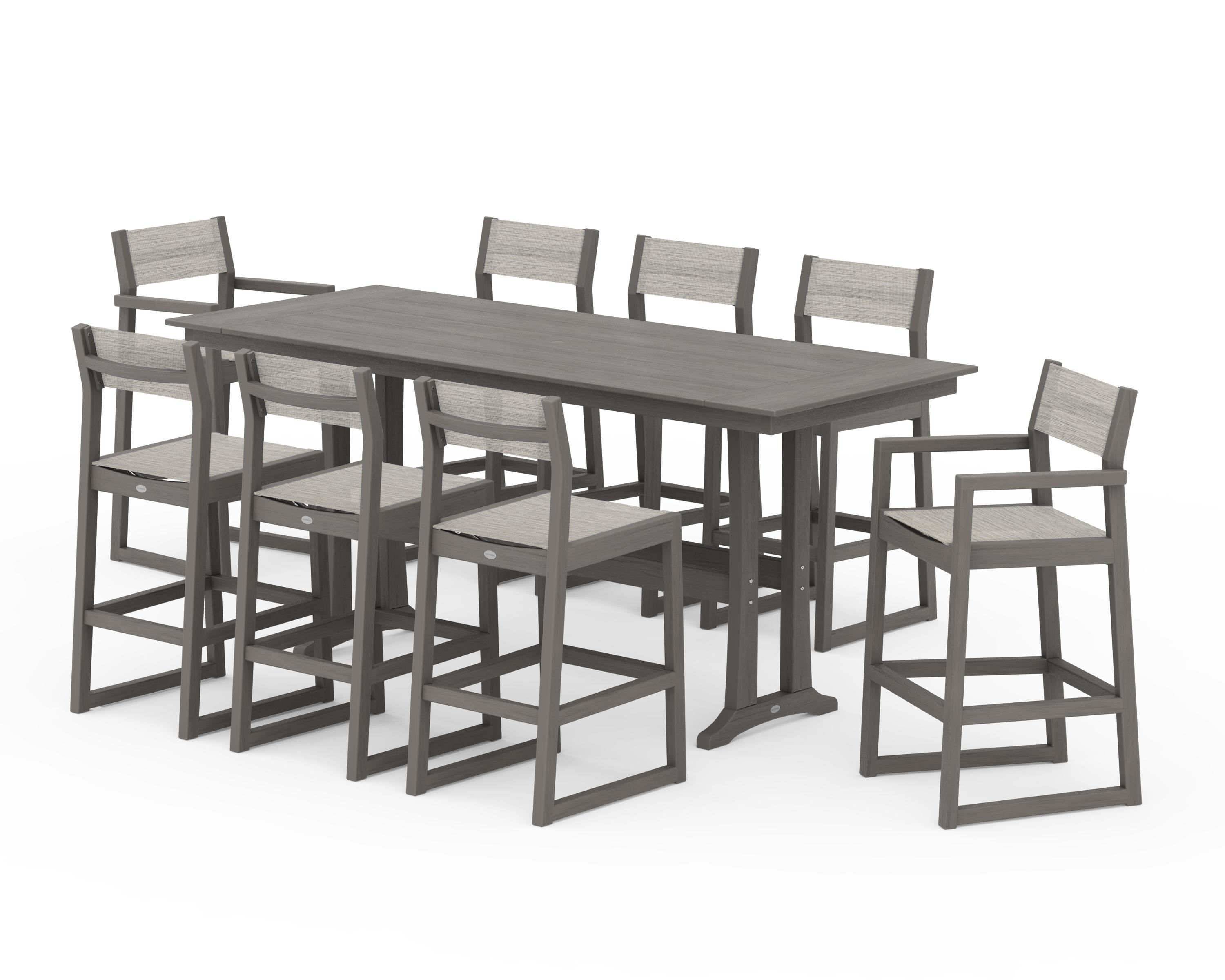 POLYWOOD EDGE Sling 9-Piece Farmhouse Bar Set with Trestle Legs in Driftwood / Birch Sling