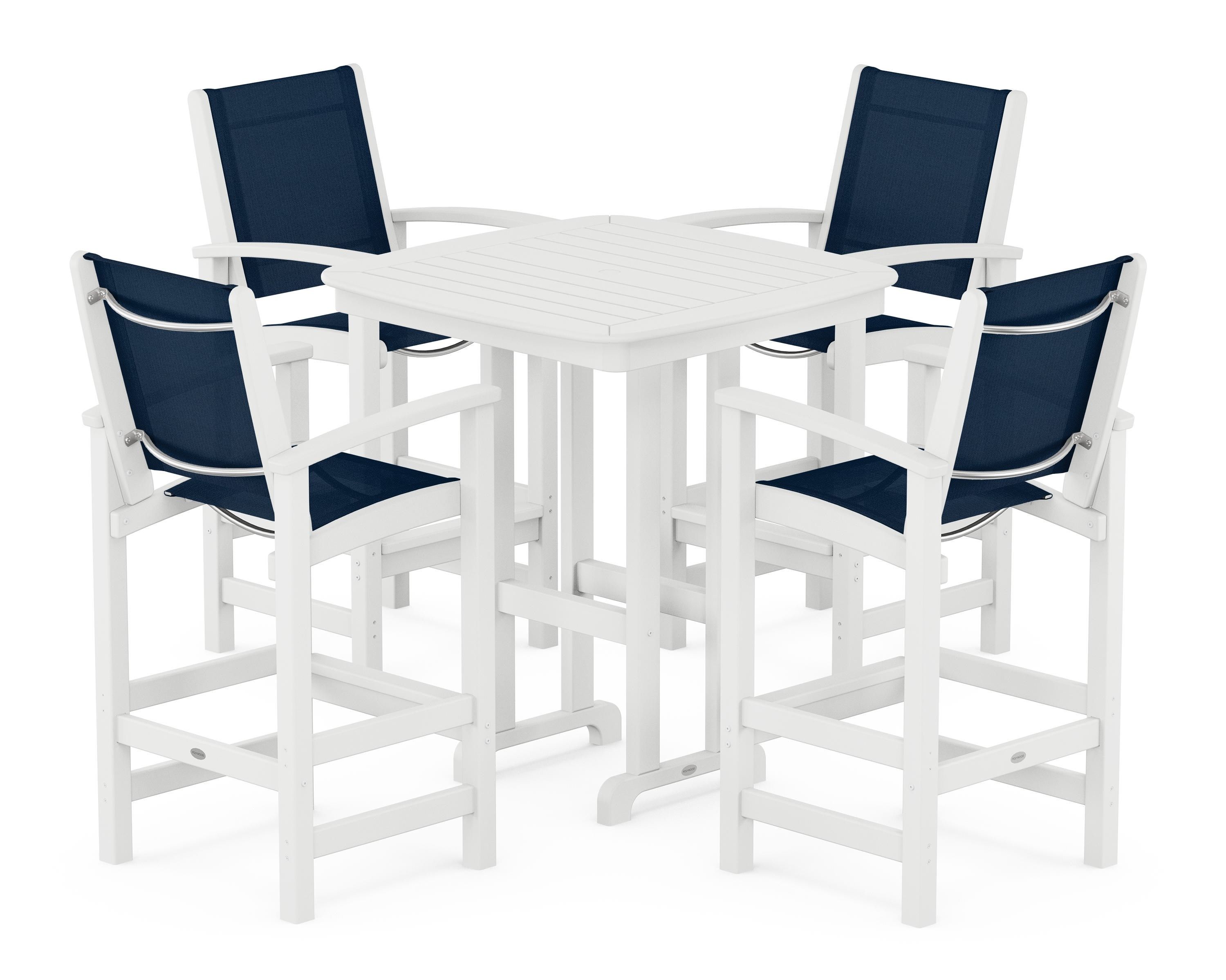 POLYWOOD Coastal 5-Piece Bar Set in White / Navy Blue Sling