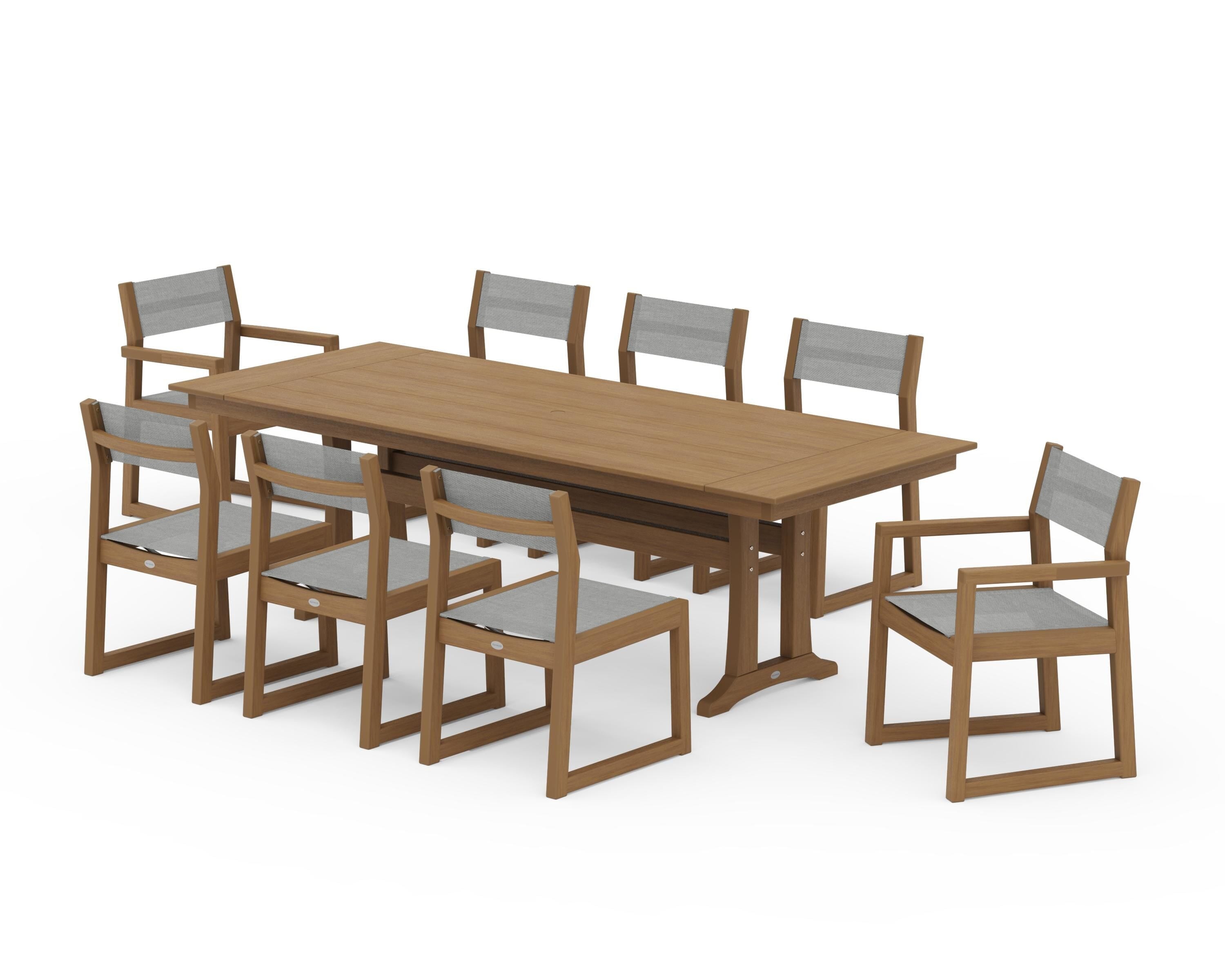 POLYWOOD EDGE Sling 9-Piece Farmhouse Trestle Dining Set in Natural / Metallic Sling