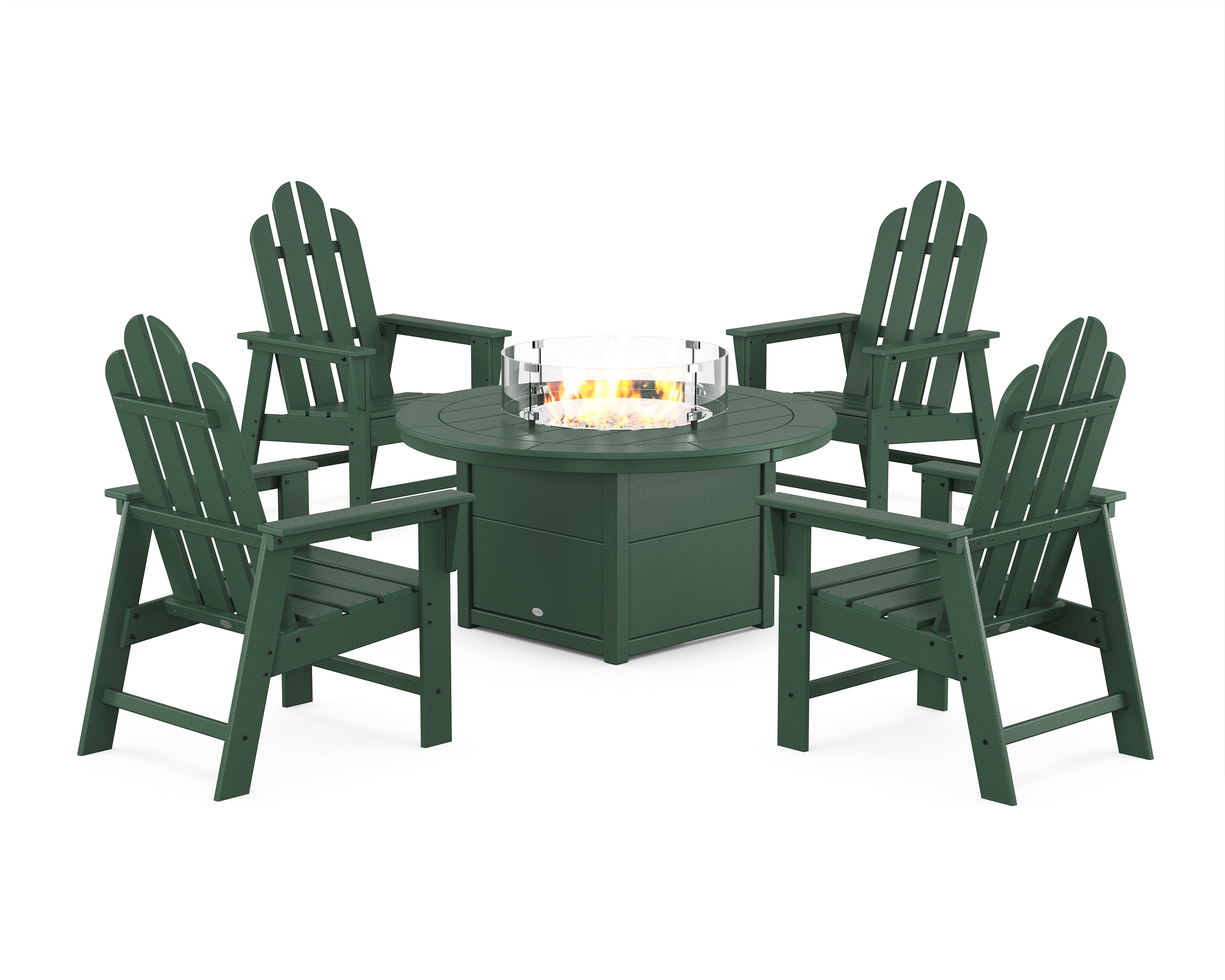 POLYWOOD Long Island 4-Piece Upright Adirondack Conversation Set with Fire Pit Table in Green