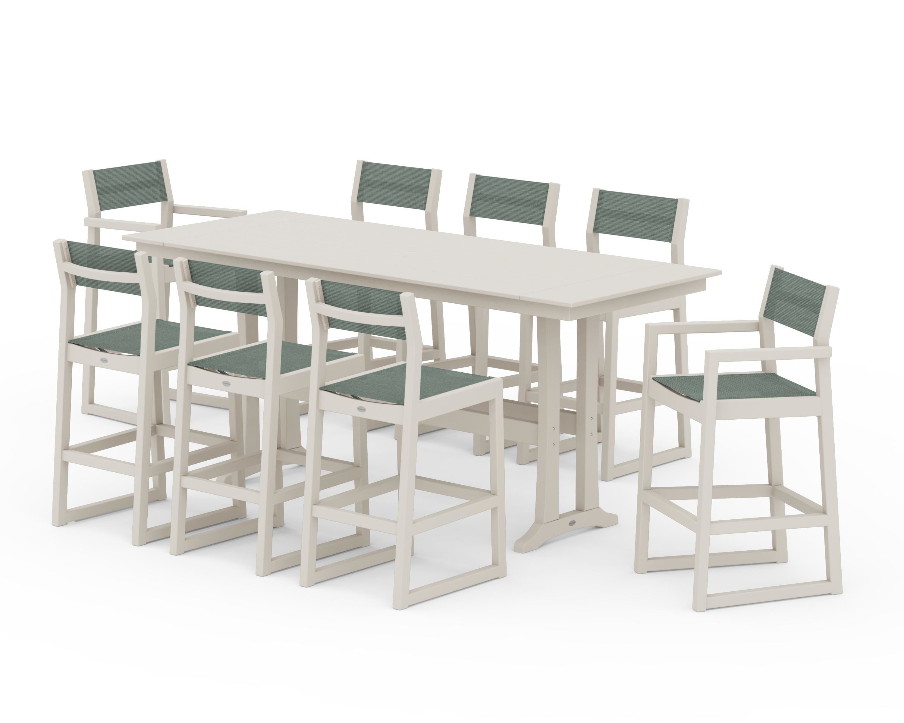 POLYWOOD EDGE Sling 9-Piece Farmhouse Bar Set with Trestle Legs in Sand / Dupioni Sea Mist Sling