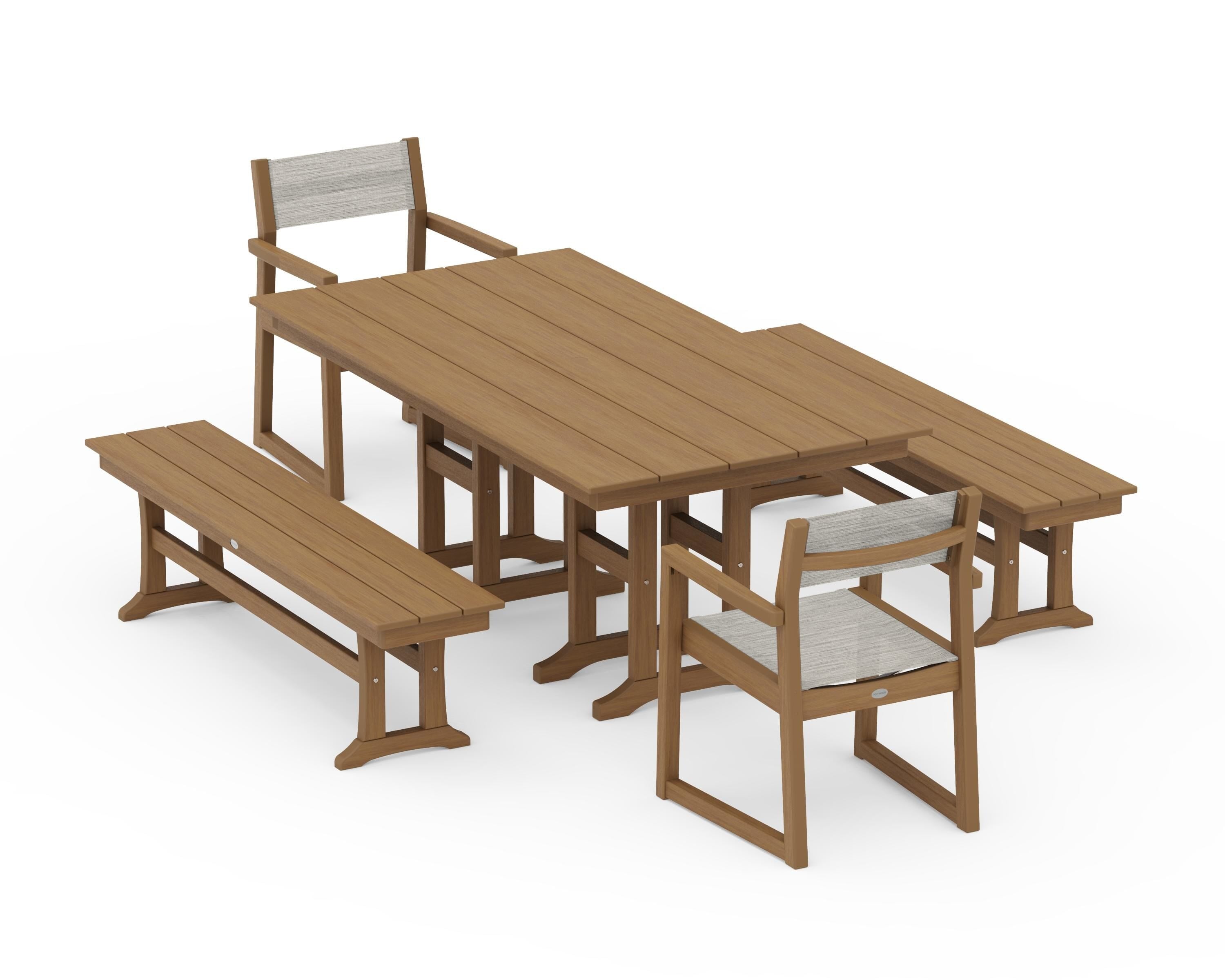 POLYWOOD EDGE Sling Arm Chair 5-Piece Farmhouse Dining Set with Benches in Natural / Birch Sling