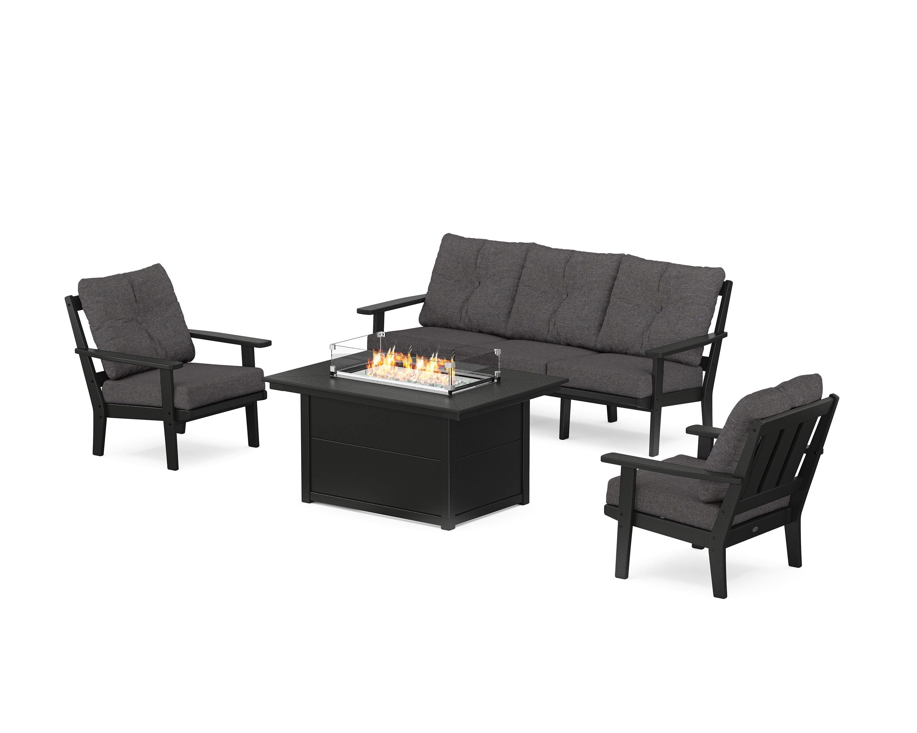 POLYWOOD Oxford Deep Seating Fire Pit Table Set in Black / Ash Charcoal
