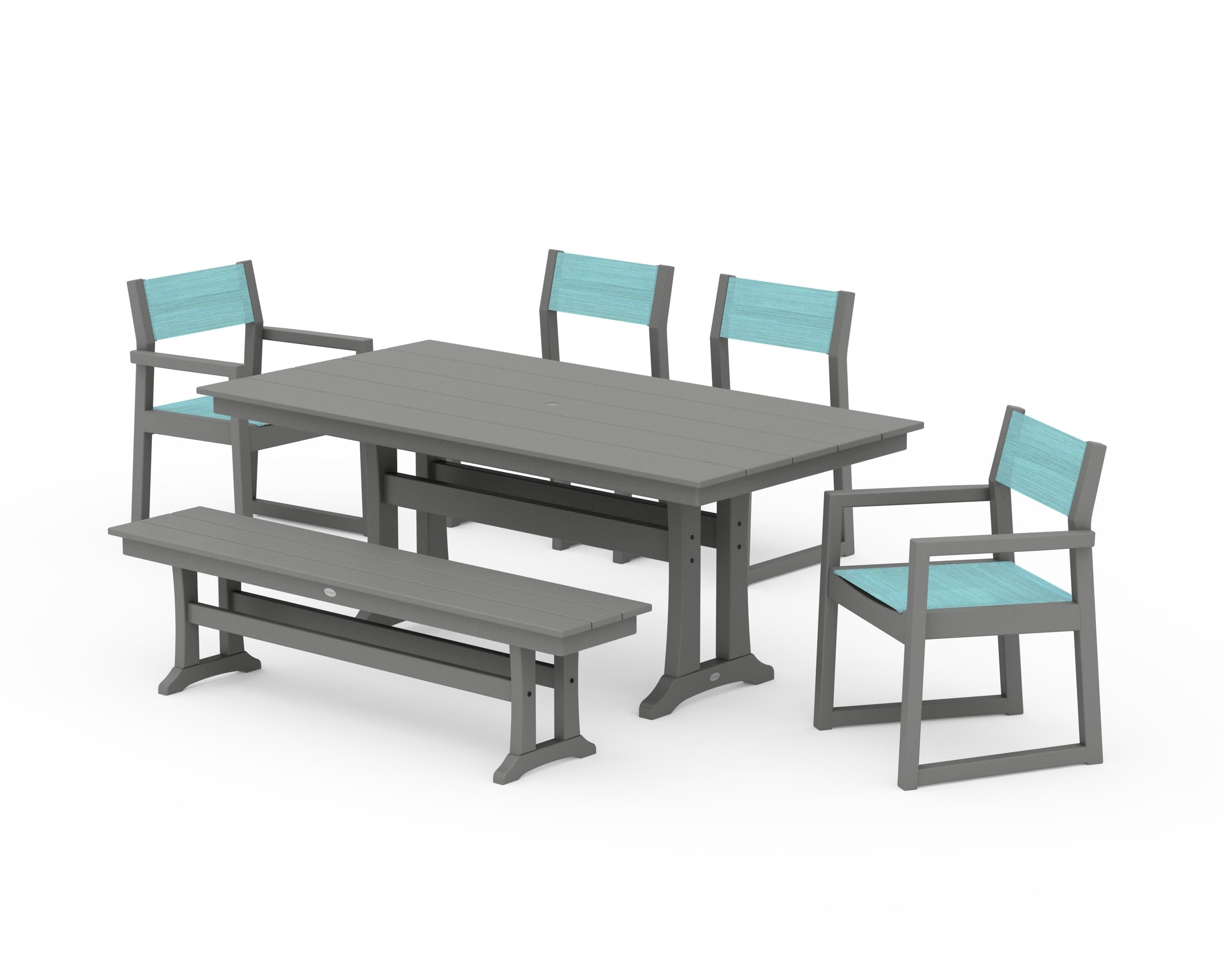 POLYWOOD EDGE Sling 6-Piece Farmhouse Dining Set With Trestle Legs in Slate Grey / Dupioni Aquamarine Sling