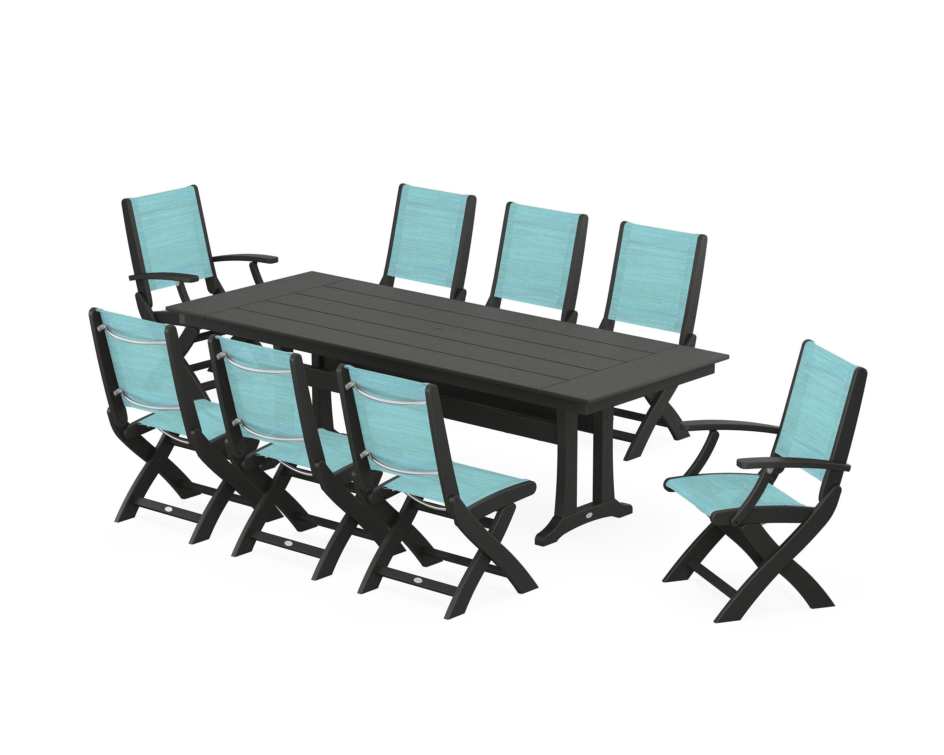POLYWOOD Coastal 9-Piece Folding Dining Chair Farmhouse Dining Set with Trestle Legs in Black / Dupioni Aquamarine Sling