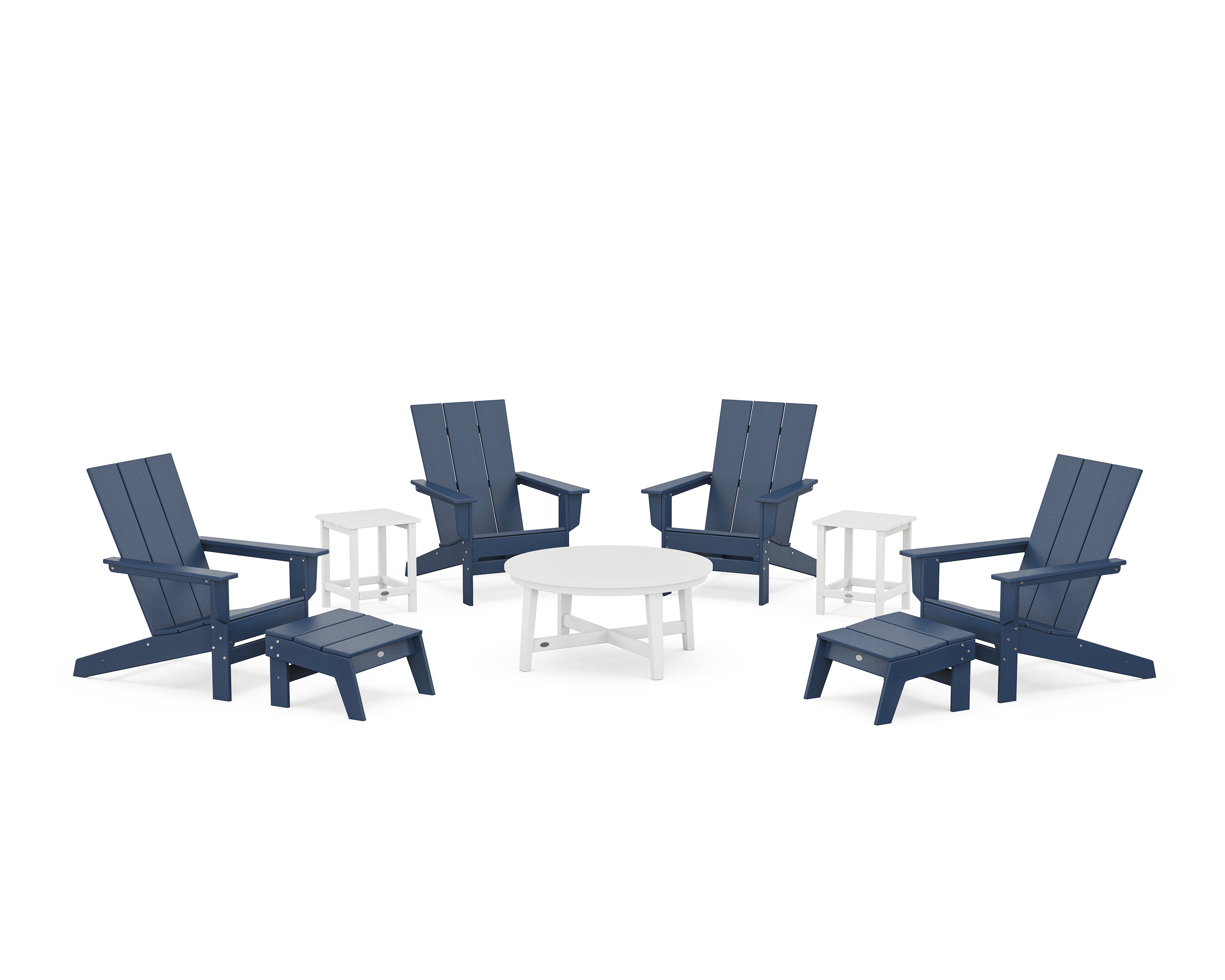 POLYWOOD Modern Studio Adirondack 9-Piece Conversation Set in Navy / White