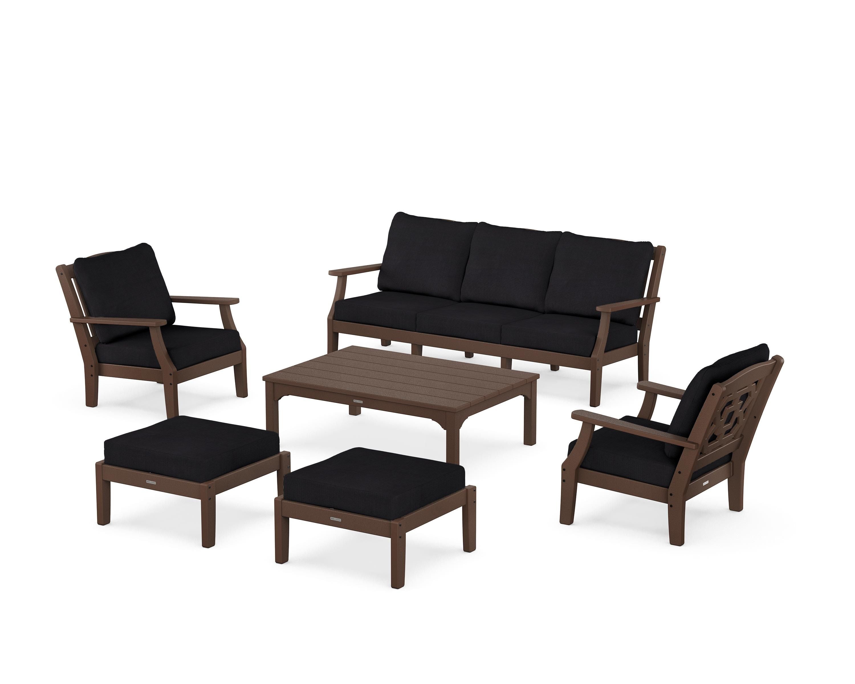 Martha Stewart by POLYWOOD Chinoiserie 6-Piece Lounge Sofa Set in Mahogany / Midnight Linen