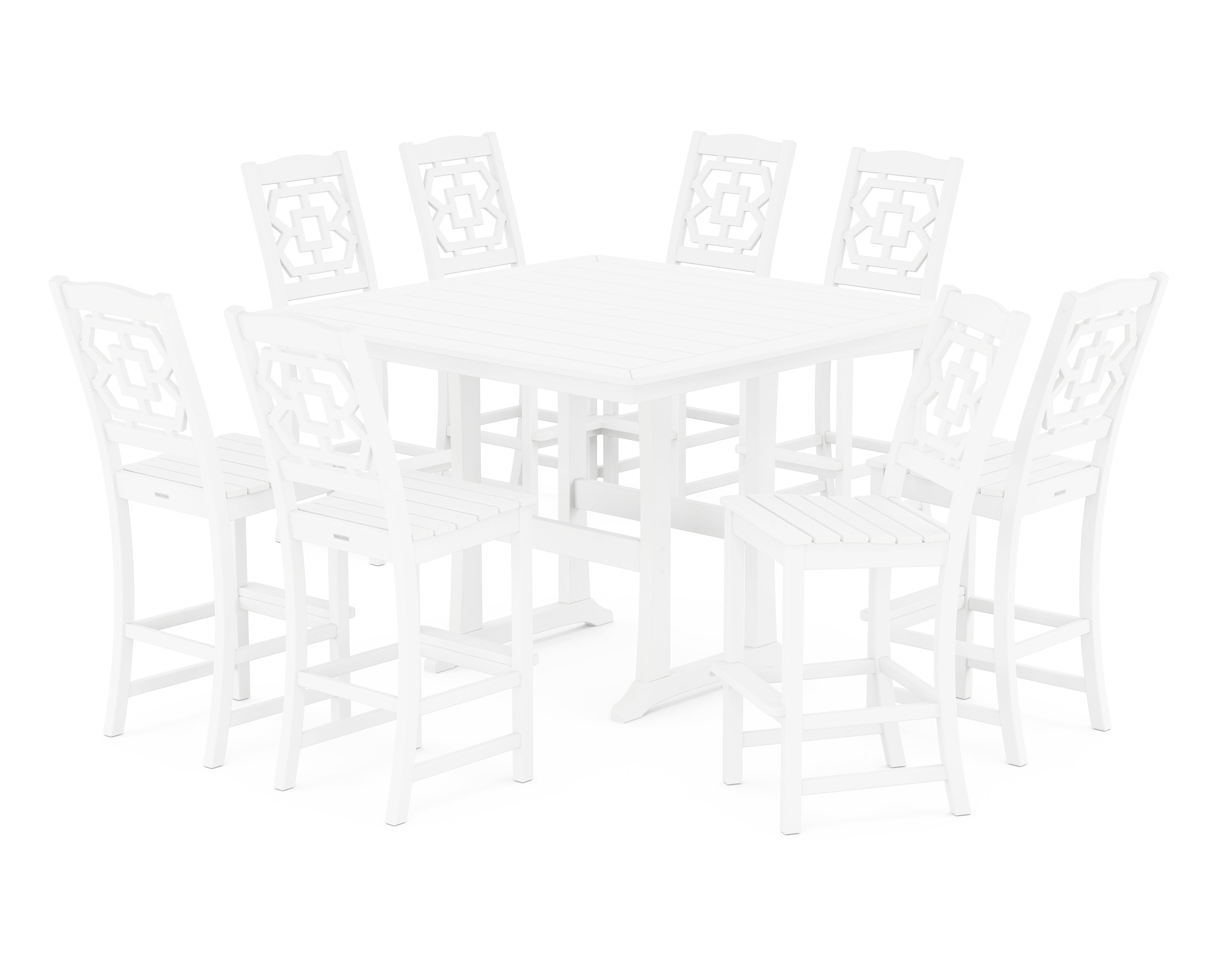Martha Stewart by POLYWOOD Chinoiserie 9-Piece Square Side Chair Bar Set with Trestle Legs in White