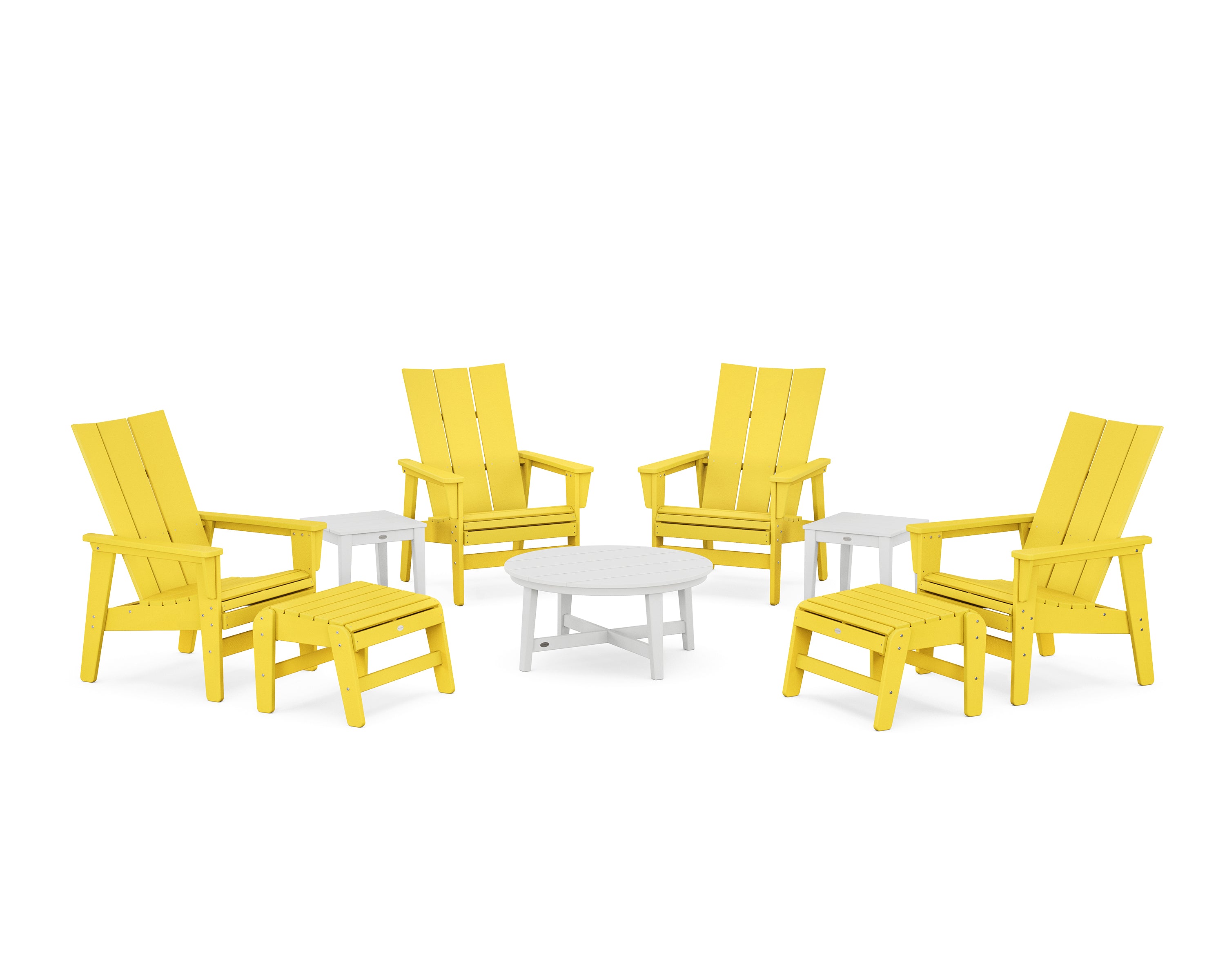 POLYWOOD® Modern Grand Upright Adirondack 9-Piece Conversation Set in Lemon / White