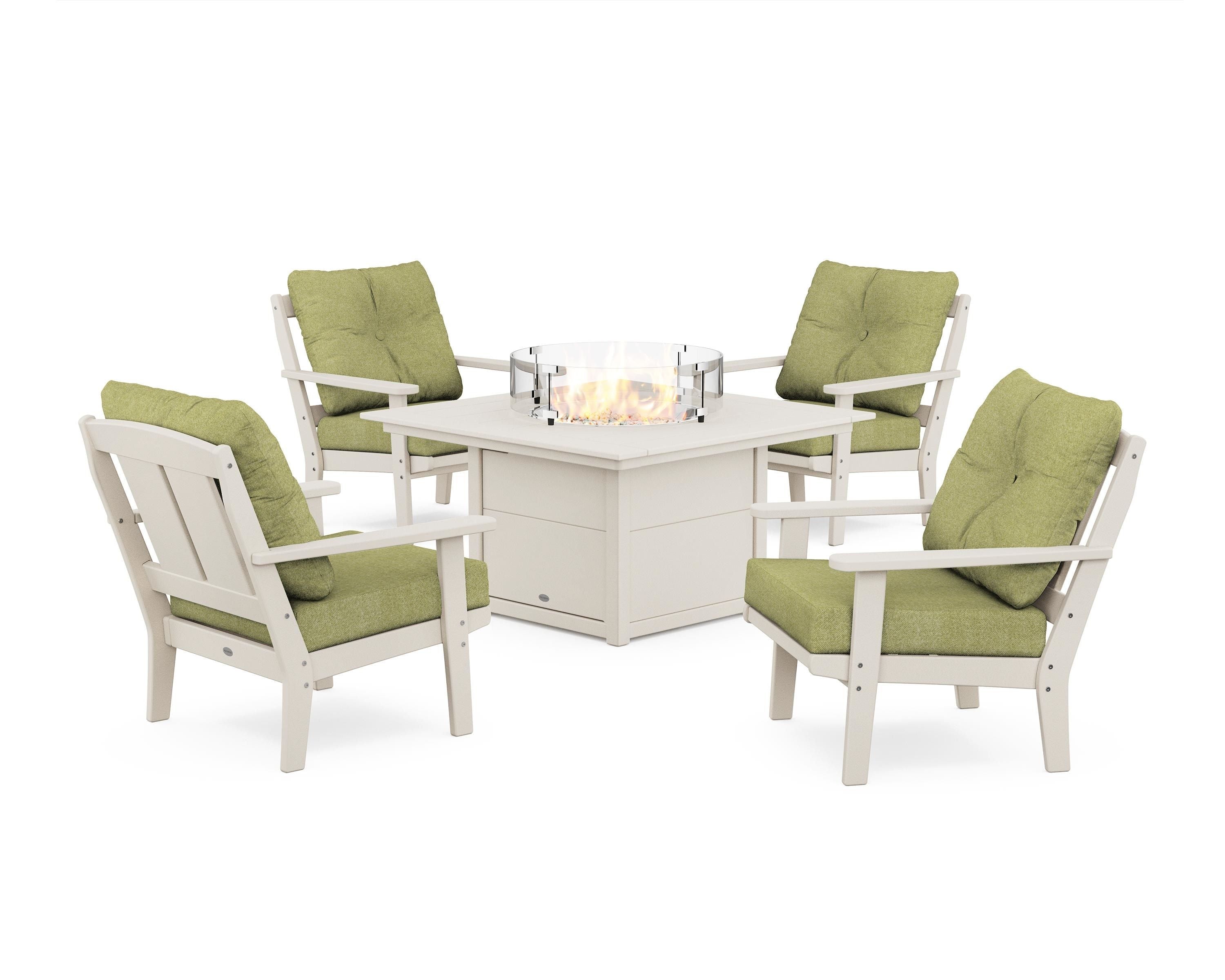POLYWOOD Mission 5-Piece Deep Seating Set with Fire Pit Table in Sand / Chartreuse Boucle