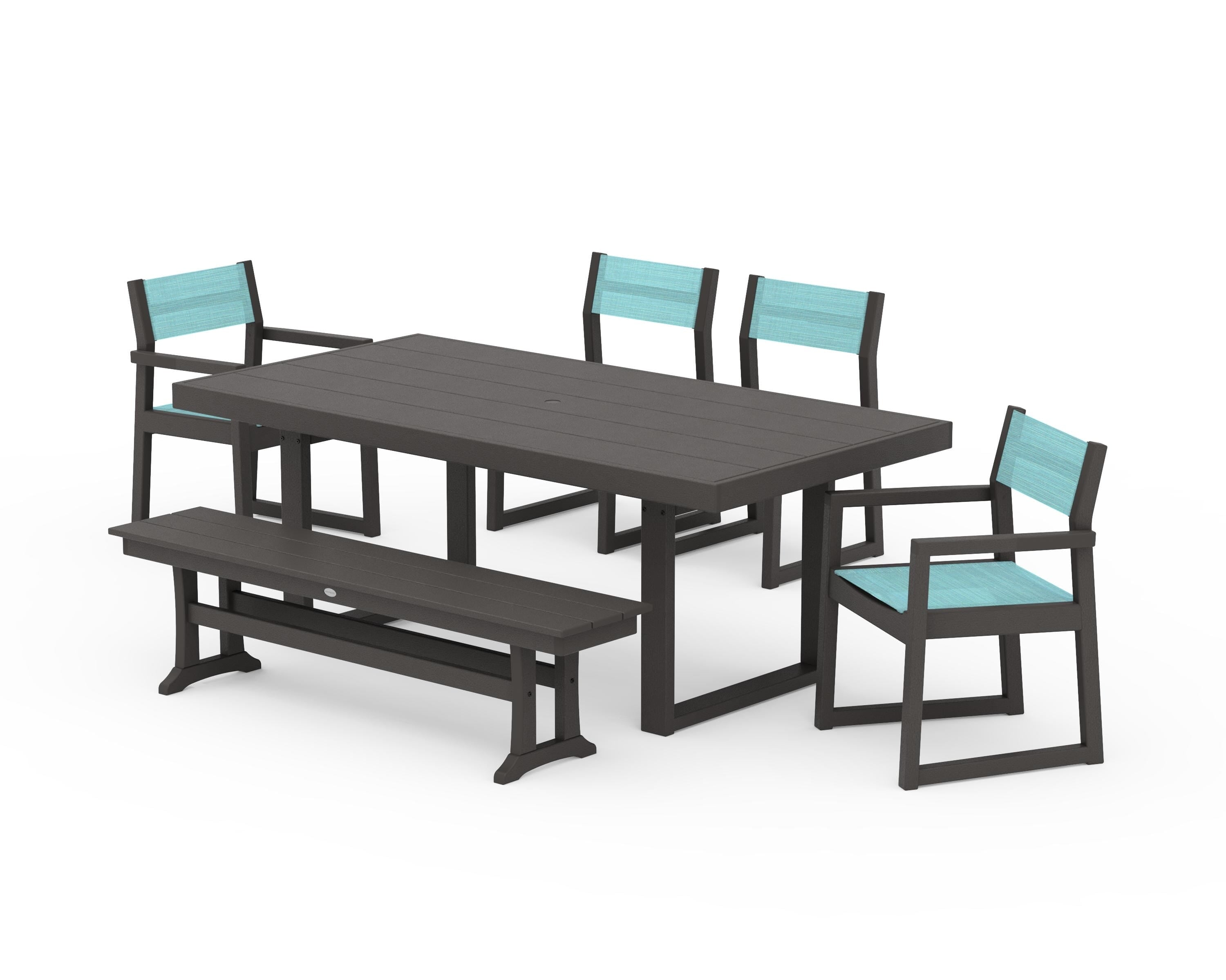 POLYWOOD EDGE Sling 6-Piece Dining Set with Bench in Vintage Coffee / Dupioni Aquamarine Sling