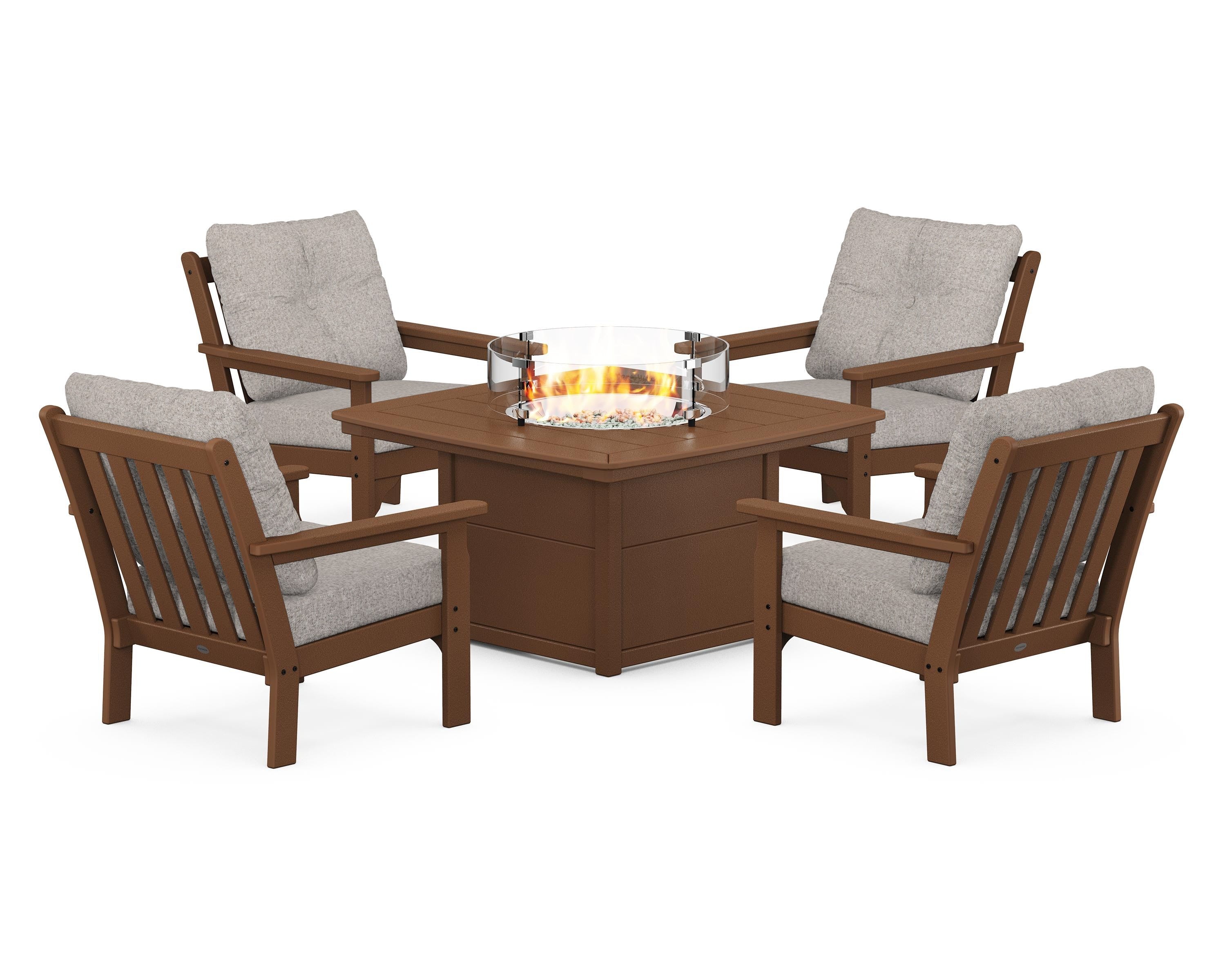 POLYWOOD Vineyard 5-Piece Conversation Set with Fire Pit Table in Teak / Weathered Tweed