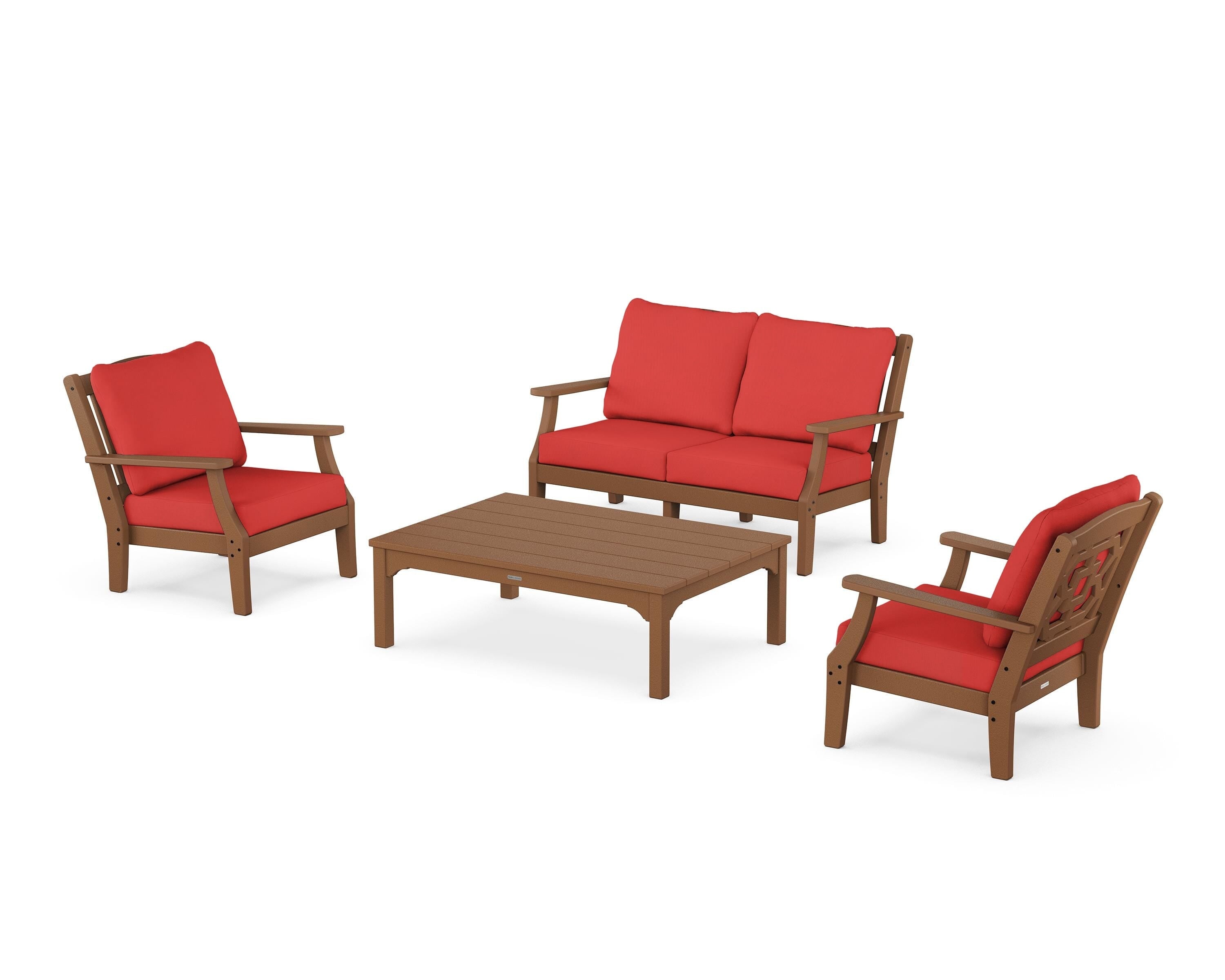 Martha Stewart by POLYWOOD Chinoiserie 4-Piece Deep Seating Set with Loveseat in Teak / Crimson Linen