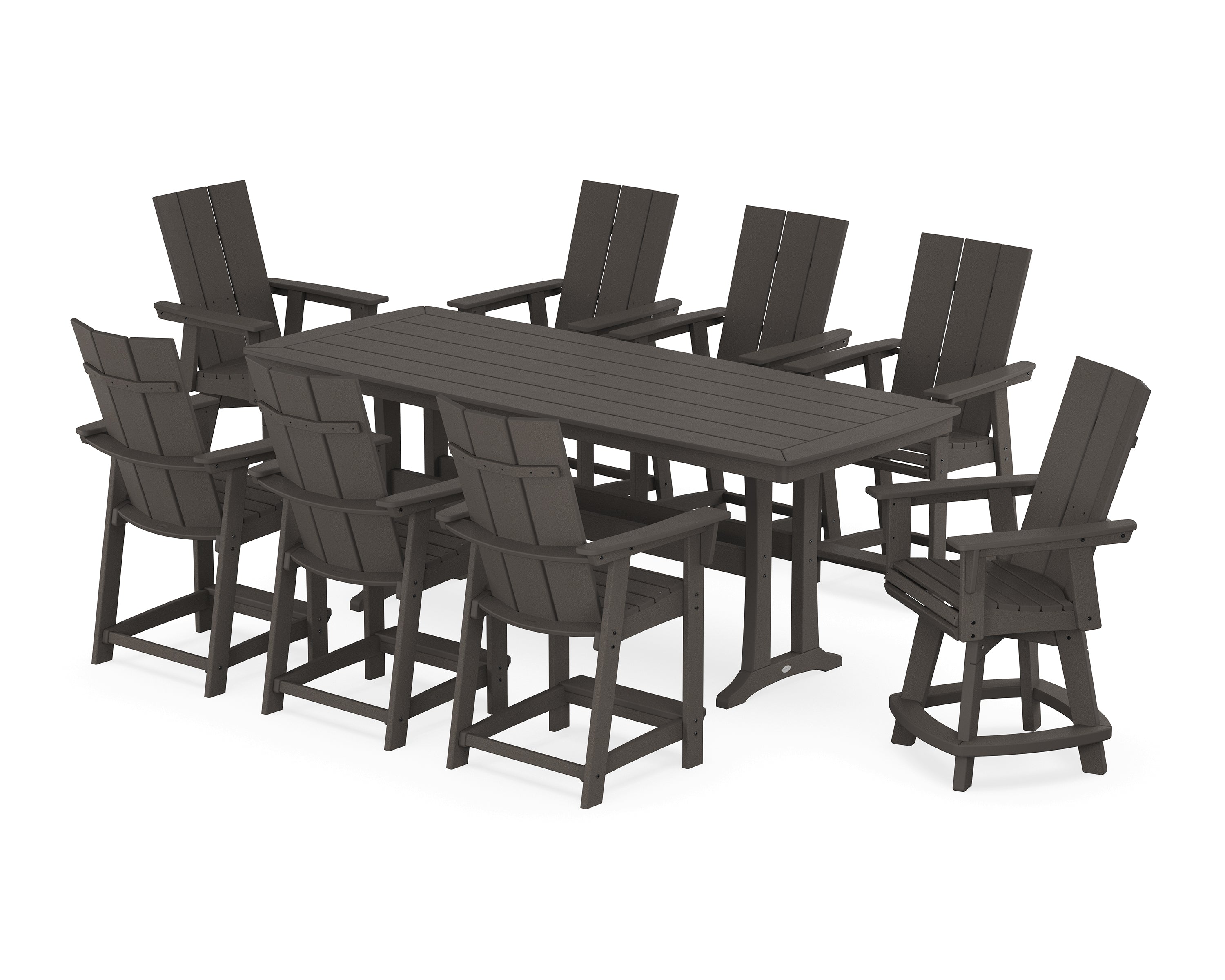POLYWOOD® Modern Curveback Adirondack Swivel 9-Piece Counter Set with Trestle Legs in Vintage Coffee