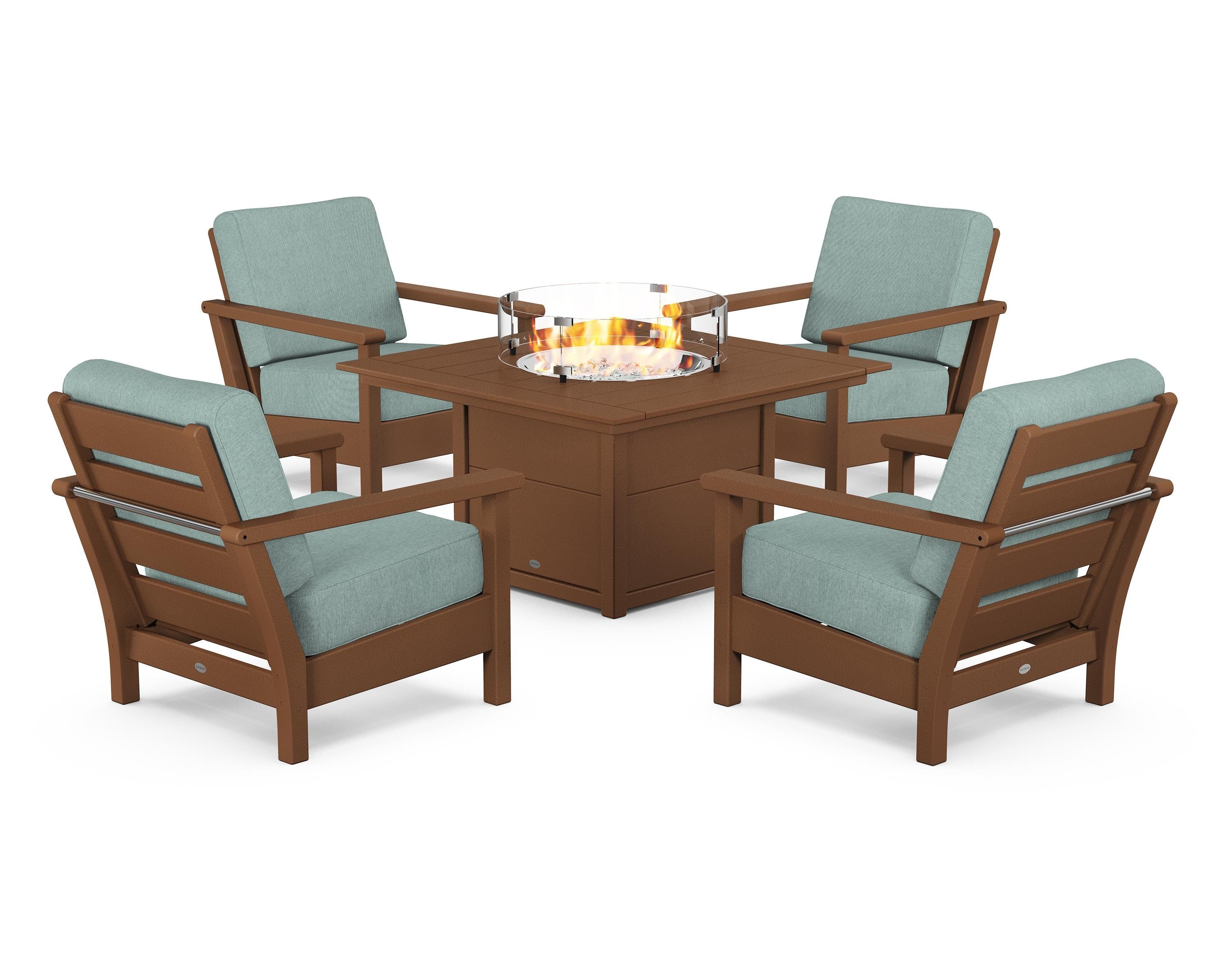 POLYWOOD Harbour 5-Piece Conversation Set with Fire Pit Table in Teak / Glacier Spa