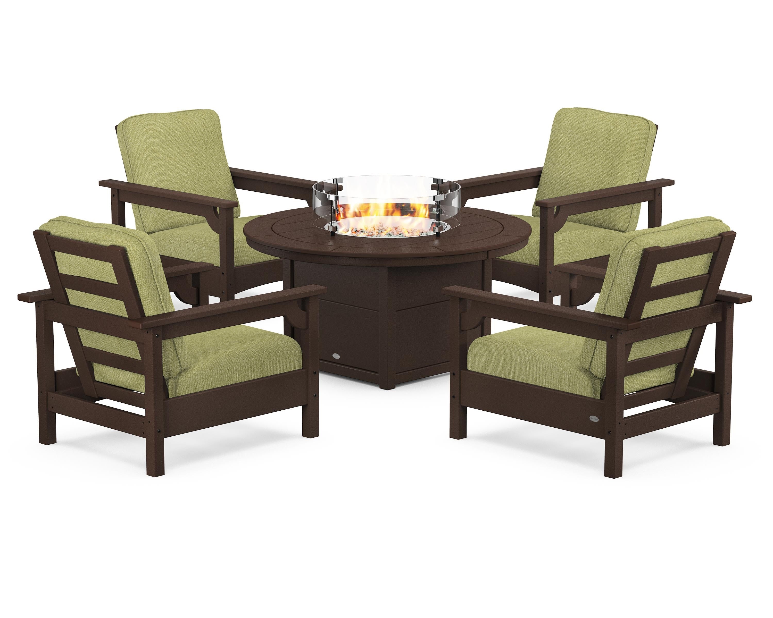POLYWOOD Club 5-Piece Conversation Set with Fire Pit Table in Mahogany / Chartreuse Boucle