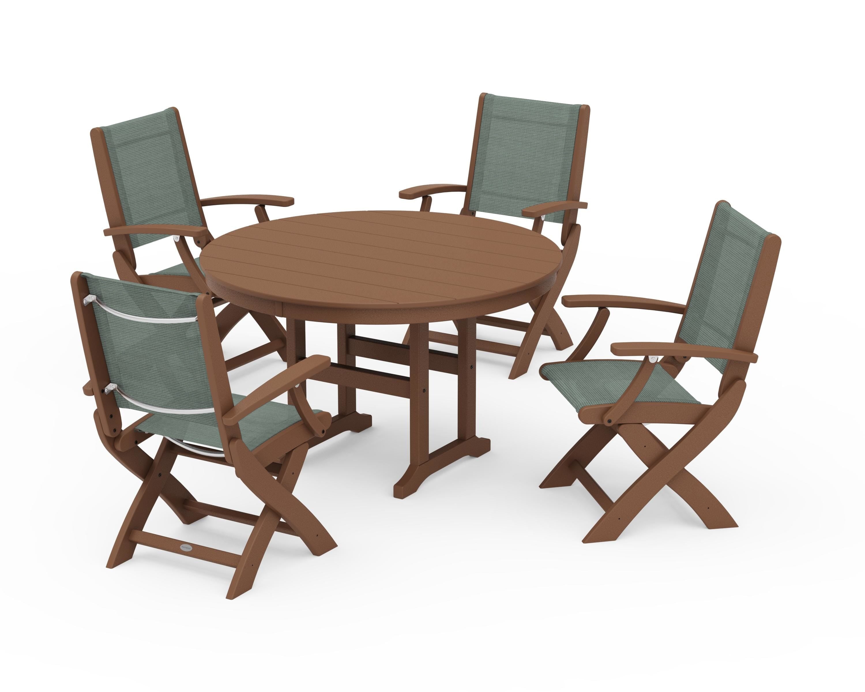 POLYWOOD Coastal Folding Chair 5-Piece Round Dining Set in Teak / Dupioni Sea Mist Sling