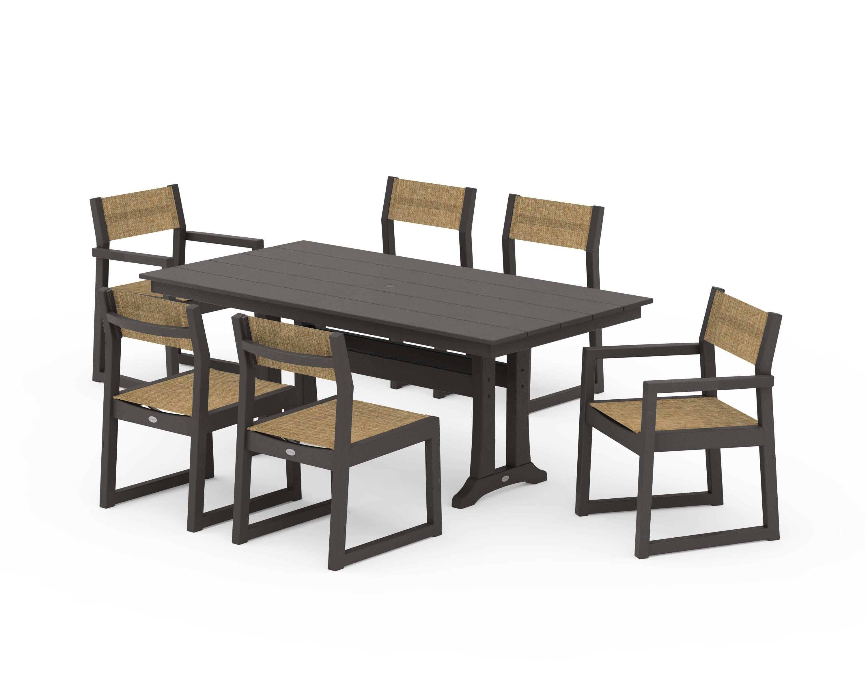POLYWOOD EDGE Sling 7-Piece Farmhouse Trestle Dining Set in Vintage Coffee / Burlap Sling