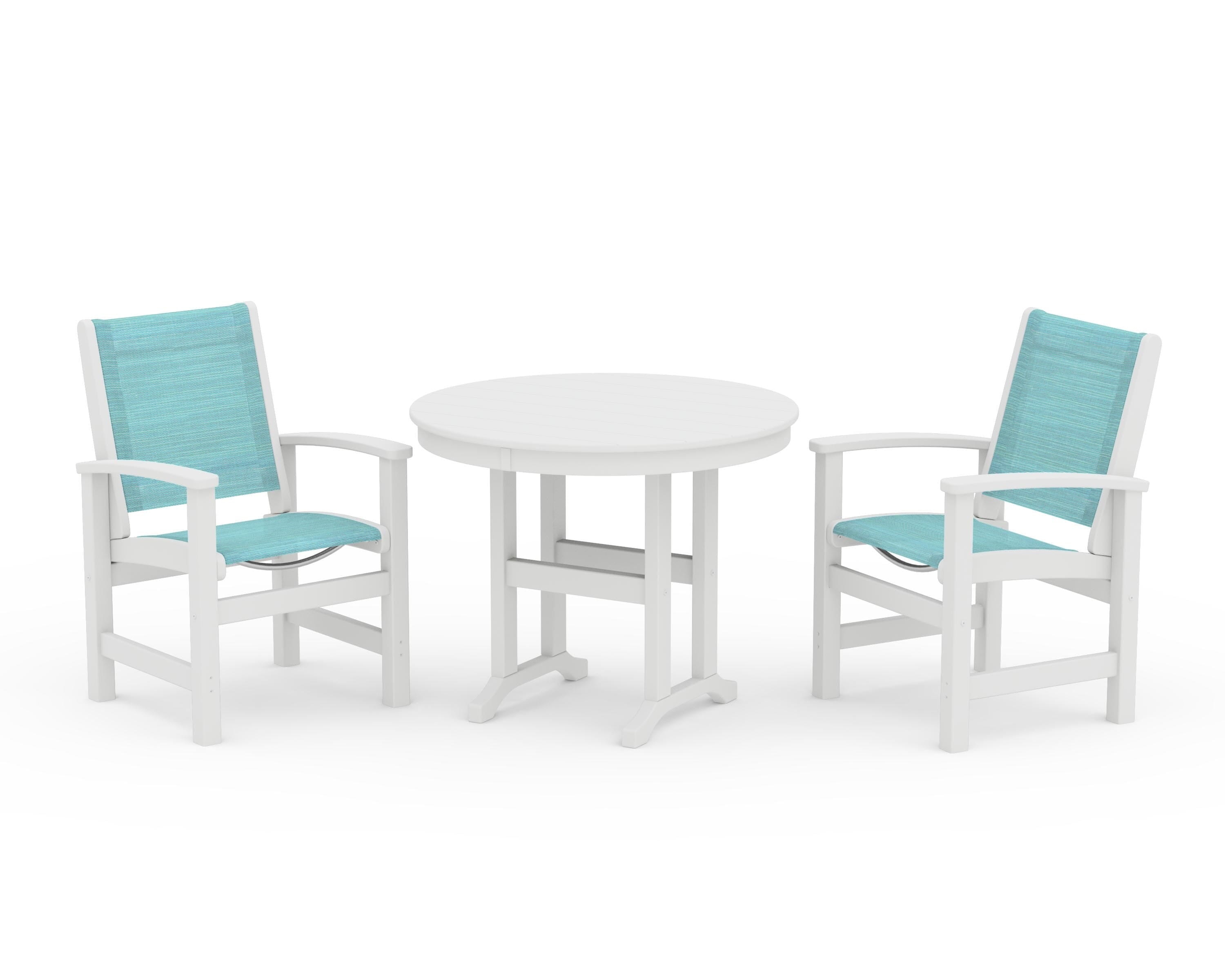 POLYWOOD Coastal 3-Piece Round Dining Set in White / Dupioni Aquamarine Sling
