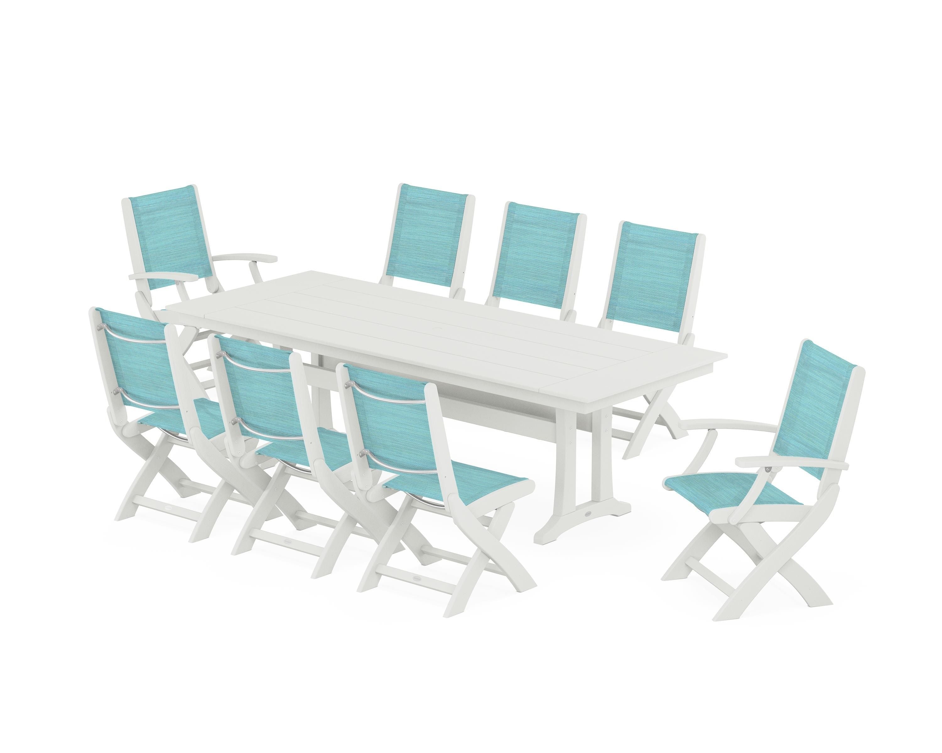 POLYWOOD Coastal 9-Piece Folding Dining Chair Farmhouse Dining Set with Trestle Legs in Vintage White / Dupioni Aquamarine Sling