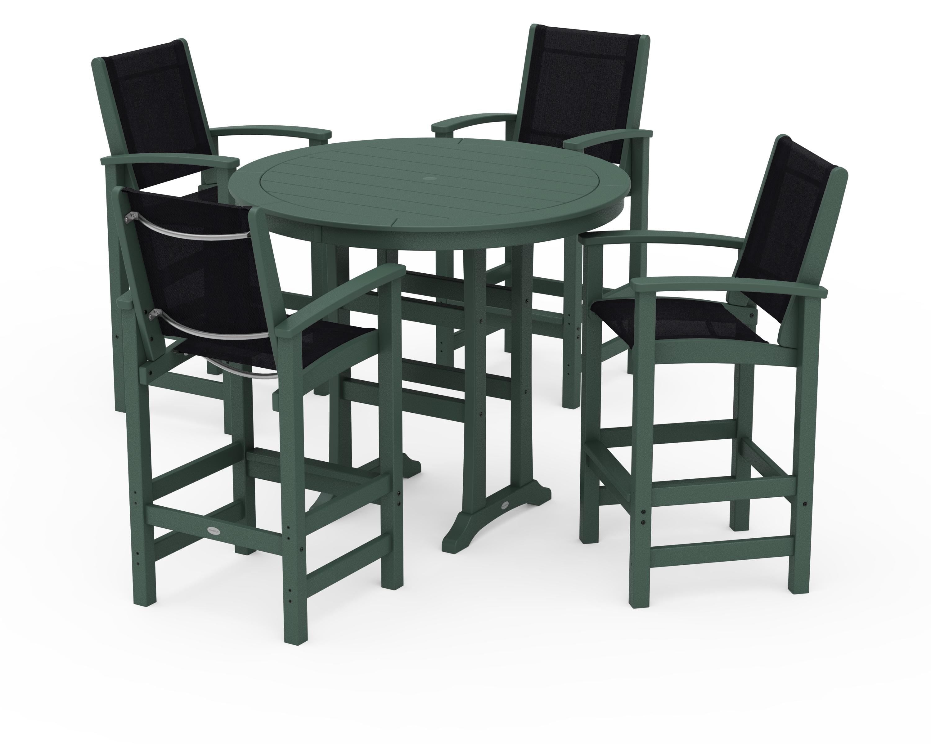 POLYWOOD Coastal 5-Piece Nautical Trestle Bar Set in Green / Black Sling