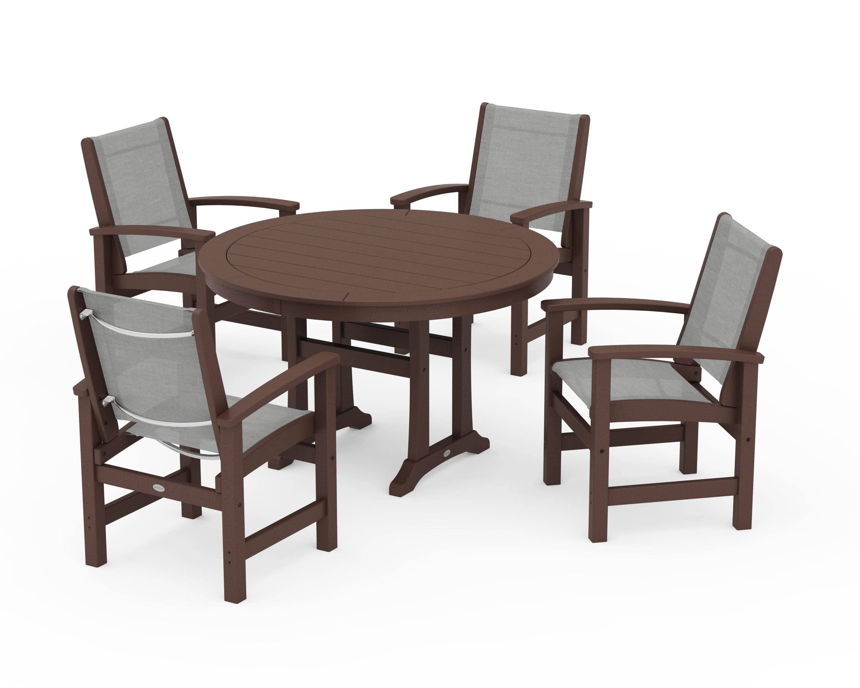 POLYWOOD Coastal 5-Piece Round Dining Set with Trestle Legs in Mahogany / Metallic Sling