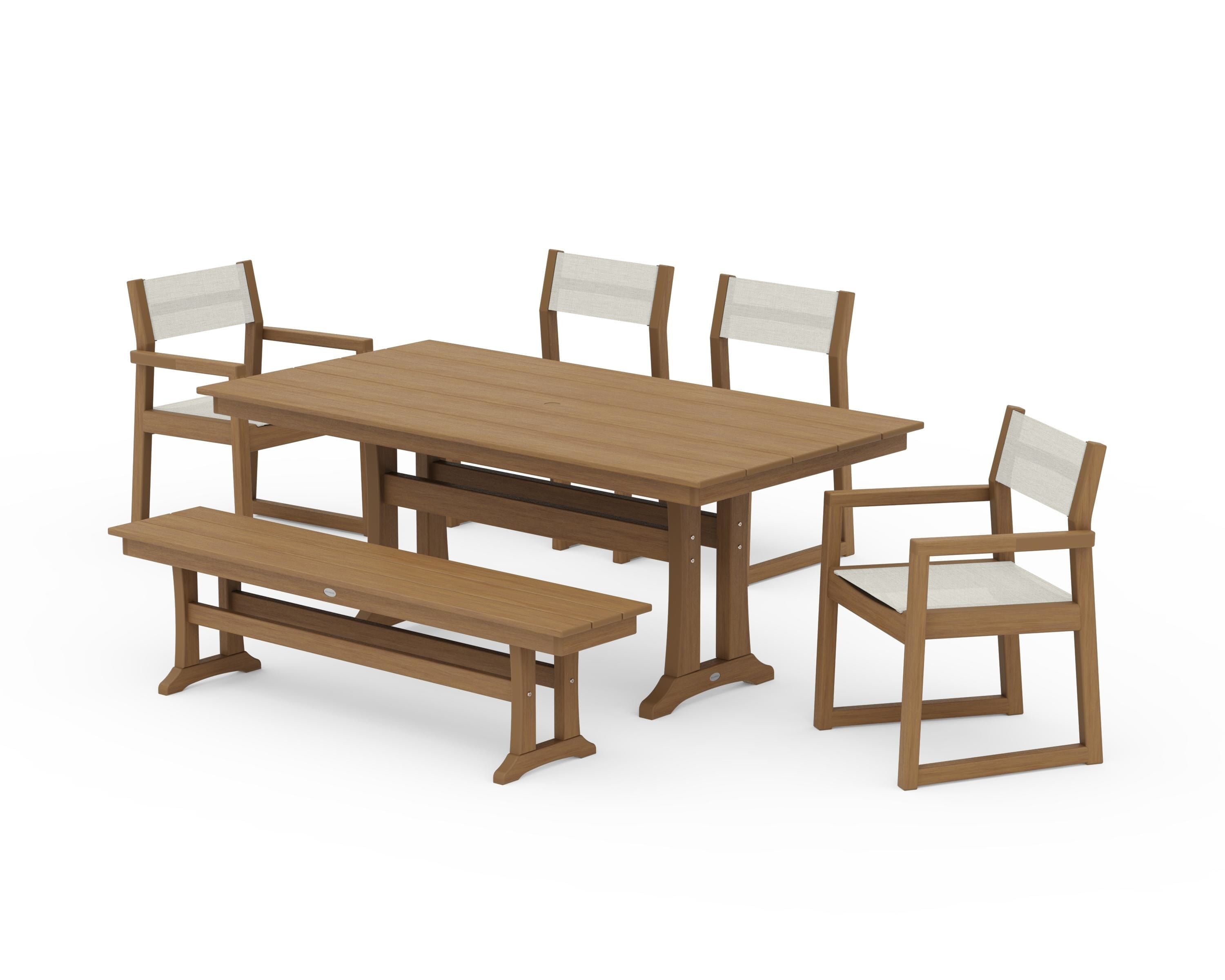 POLYWOOD EDGE Sling 6-Piece Farmhouse Dining Set With Trestle Legs in Natural / Parchment Sling