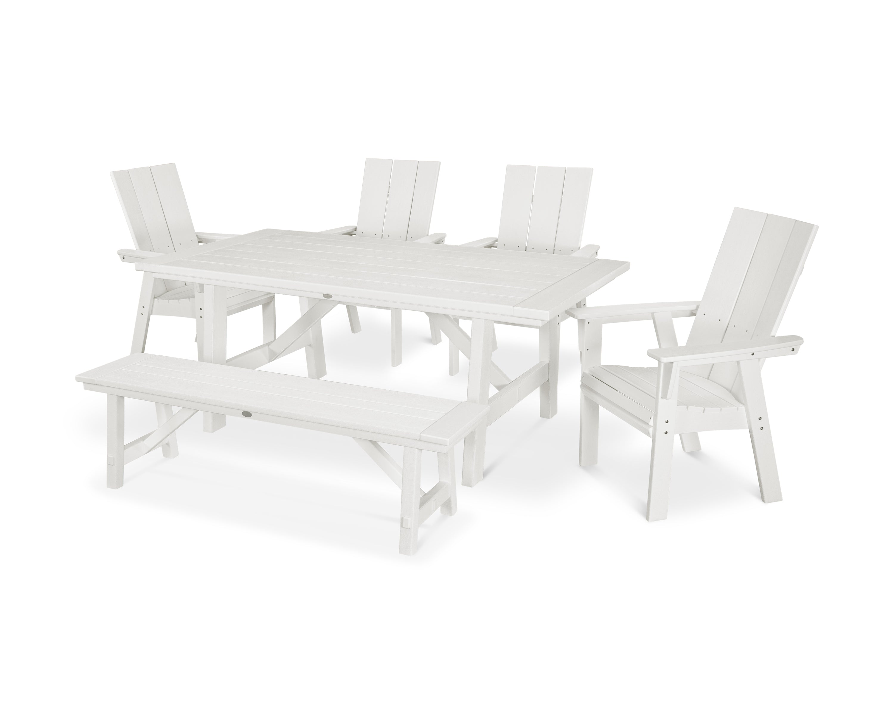 POLYWOOD® Modern Curveback Adirondack 6-Piece Rustic Farmhouse Dining Set with Bench in Vintage White