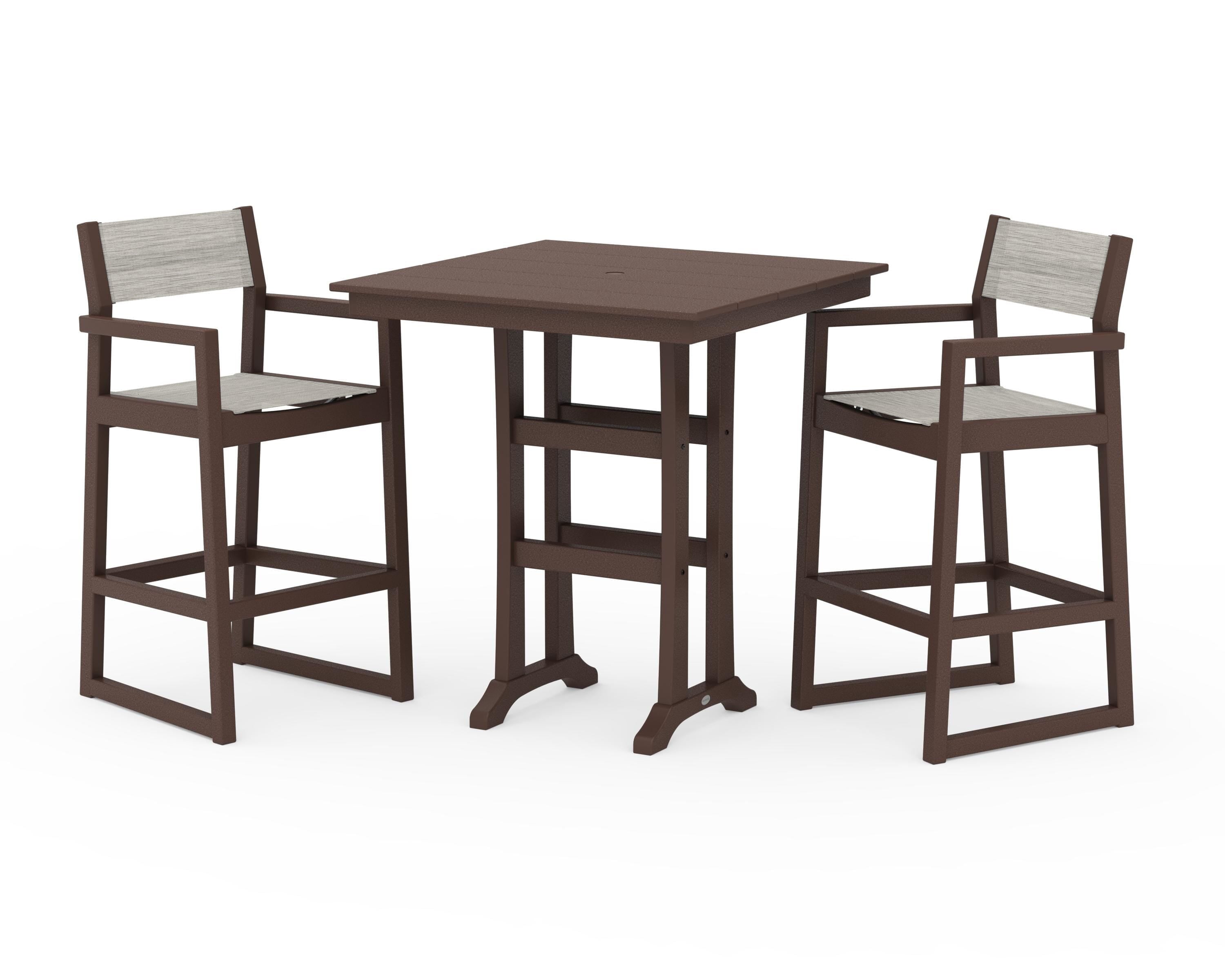 POLYWOOD EDGE Sling Arm Chair 3-Piece Farmhouse Bar Set with Trestle Legs in Mahogany / Birch Sling