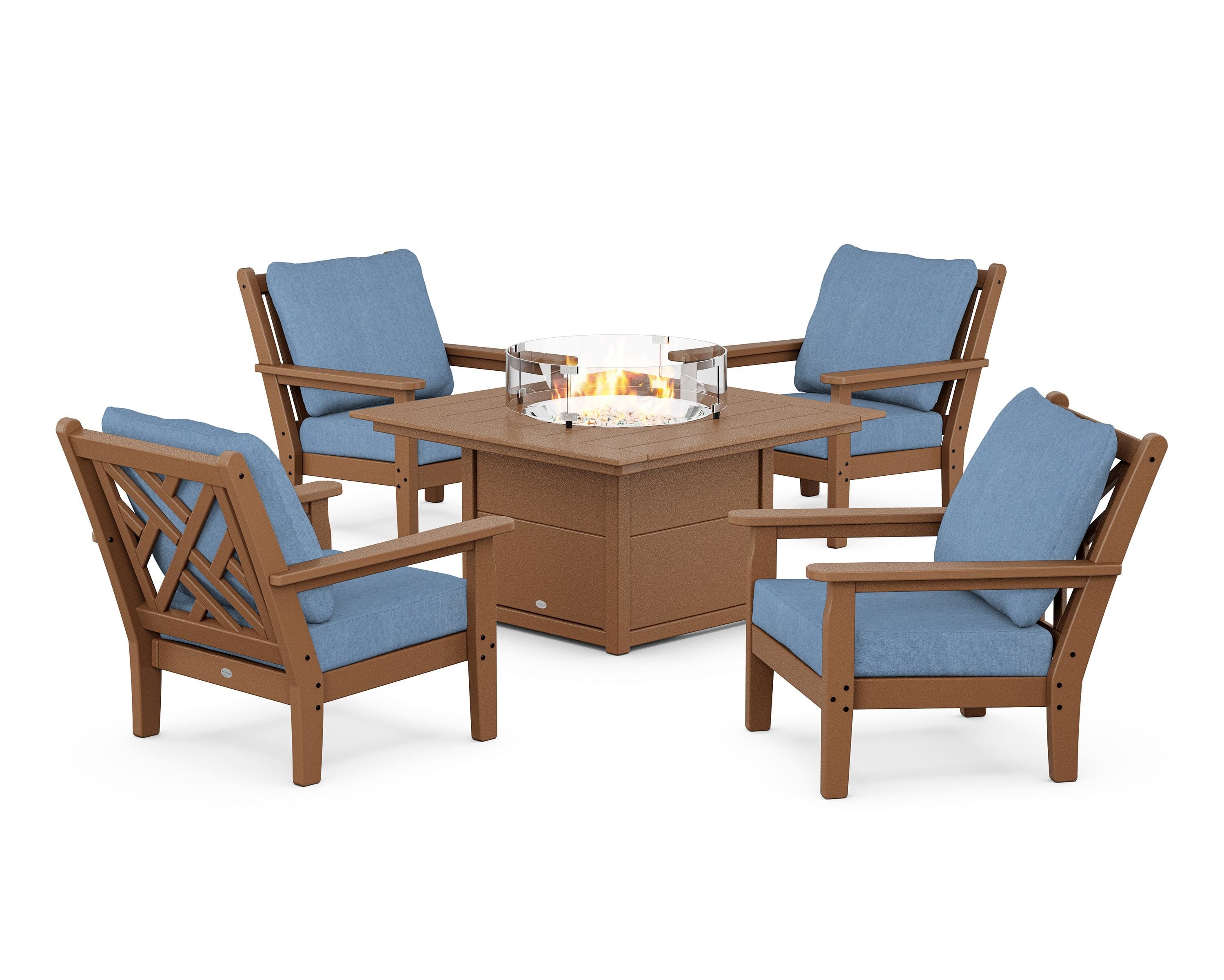 POLYWOOD Chippendale 5-Piece Deep Seating Set with Fire Pit Table in Teak / Sky Blue