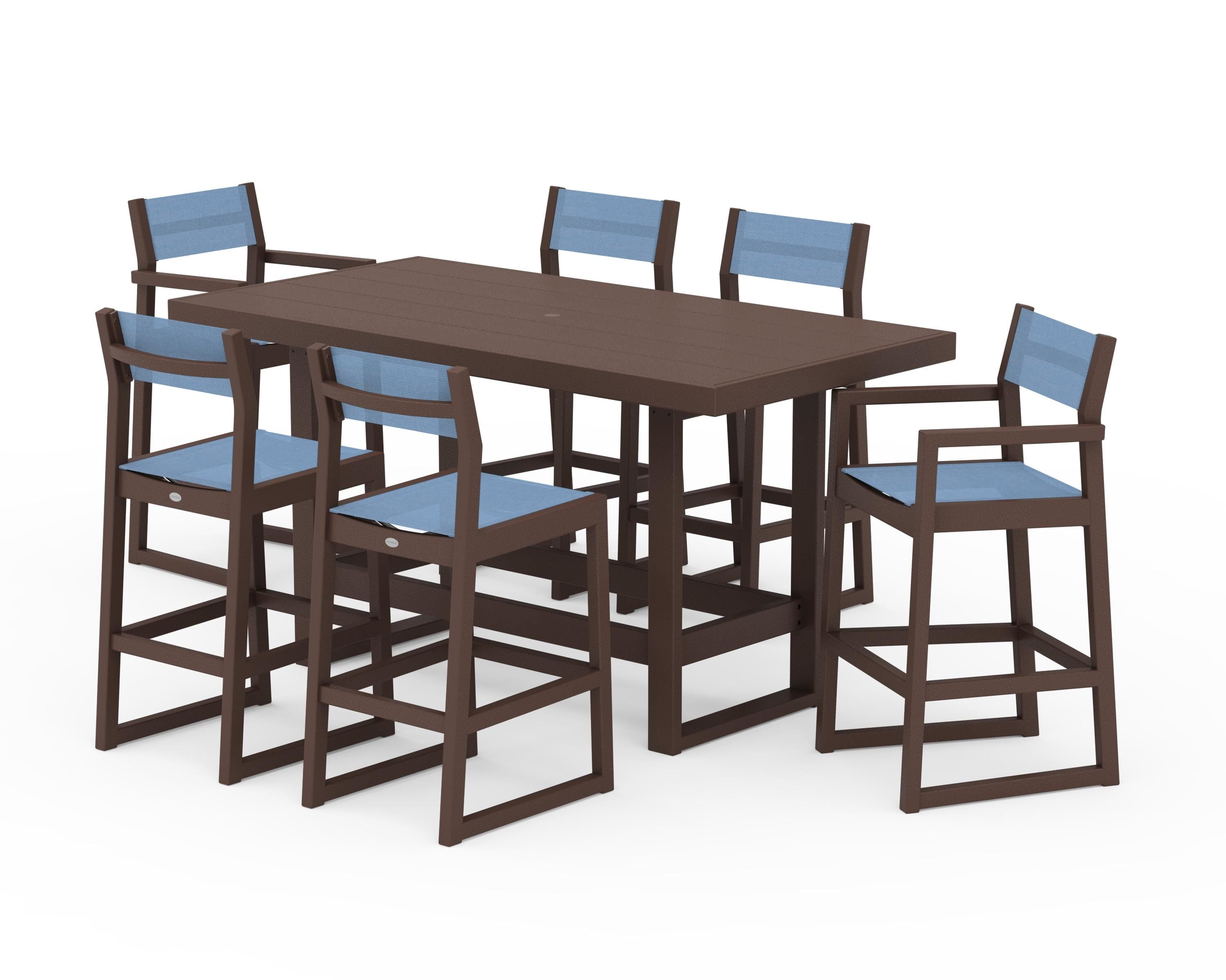 POLYWOOD EDGE Sling 7-Piece Bar Table Set in Mahogany / Poolside Sling