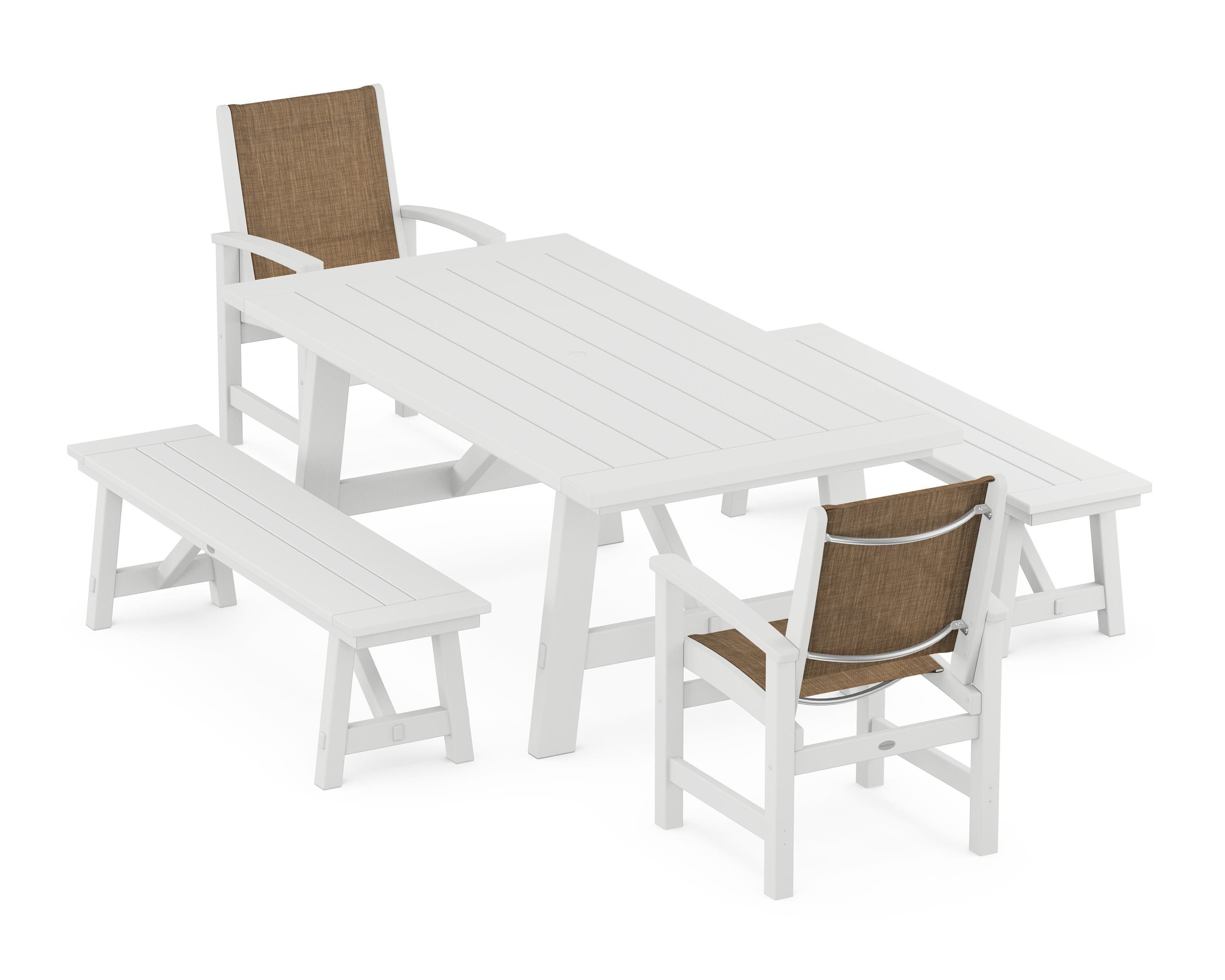 POLYWOOD Coastal 5-Piece Rustic Farmhouse Dining Set With Benches in White / Burlap Sling
