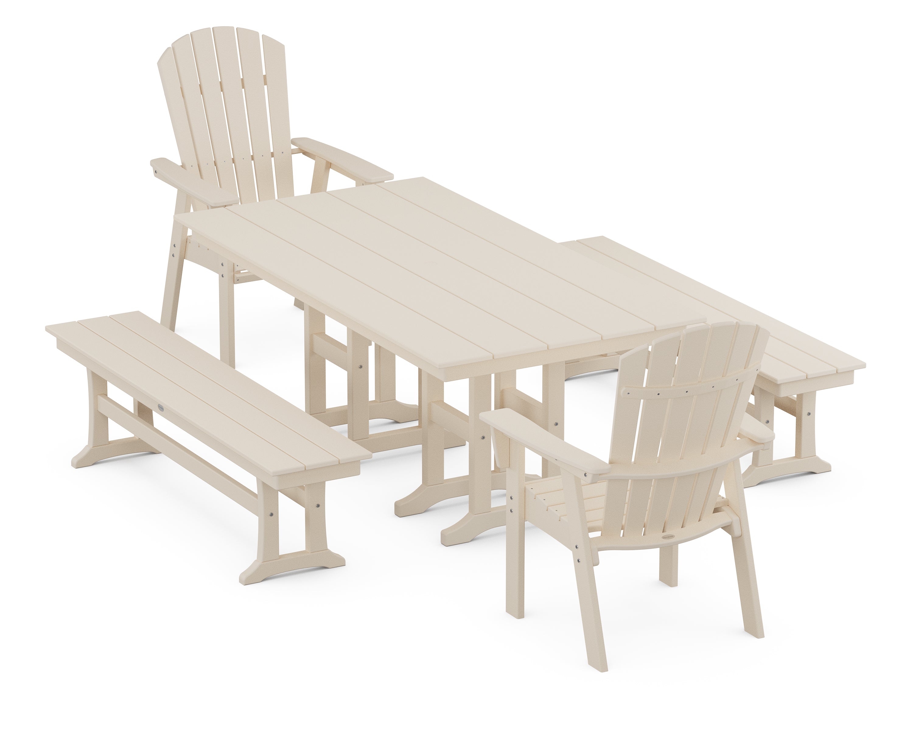 POLYWOOD® Nautical Curveback Adirondack 5-Piece Farmhouse Dining Set with Benches in Sand
