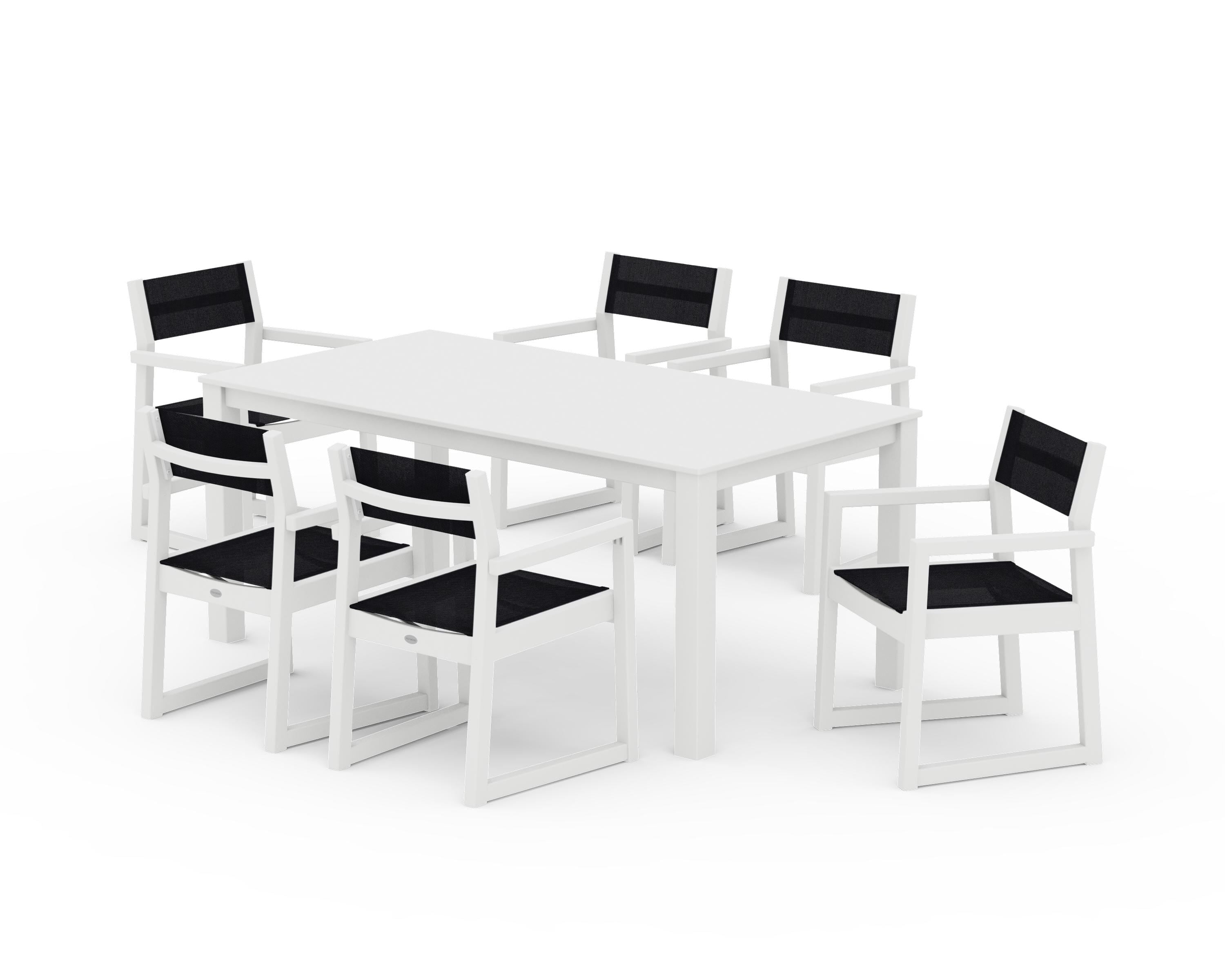 POLYWOOD EDGE Sling Arm Chair 7-Piece Parsons Dining Set in White / Black Sling