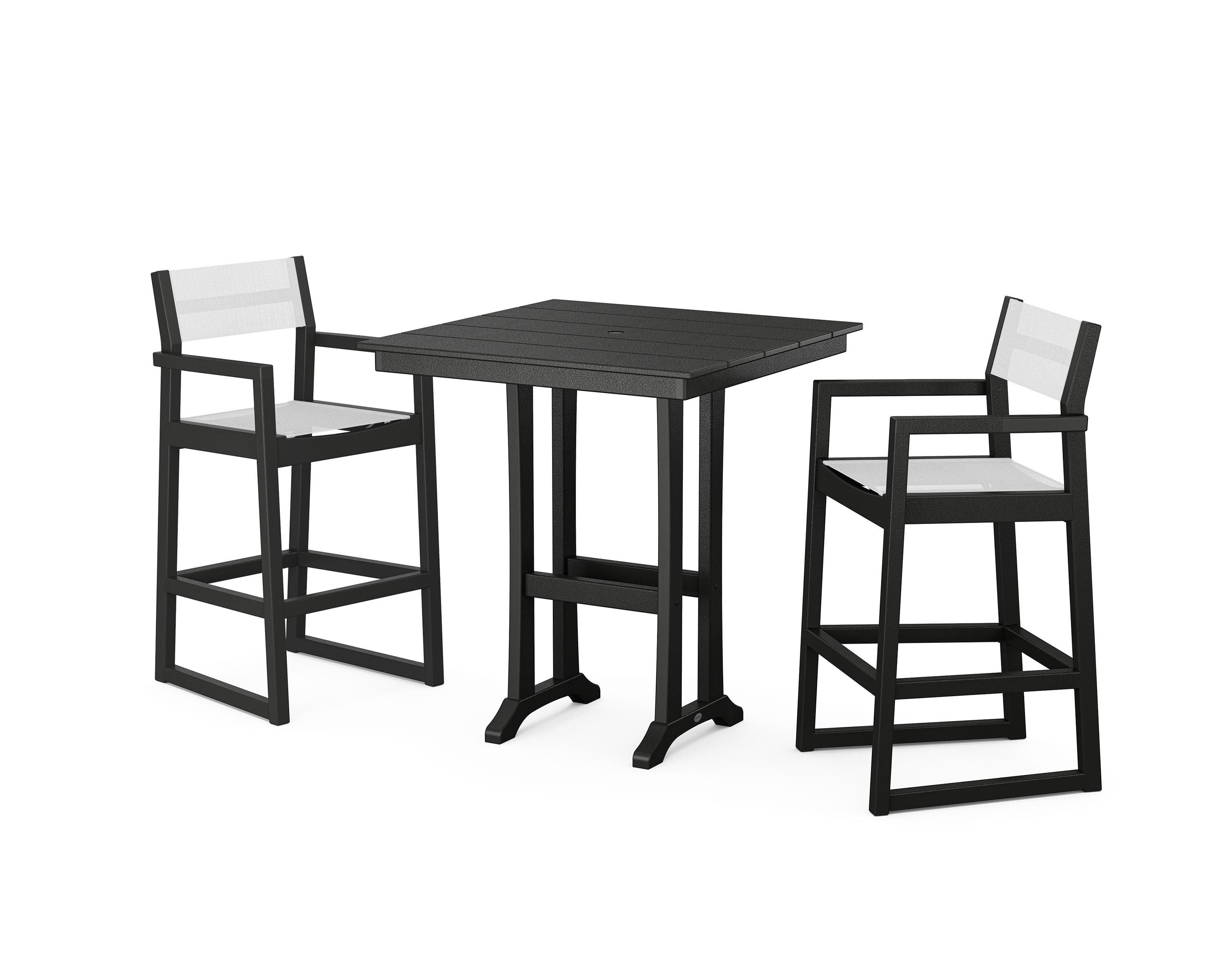 POLYWOOD EDGE Sling Arm Chair 3-Piece Farmhouse Bar Set with Trestle Legs in Black / White Sling