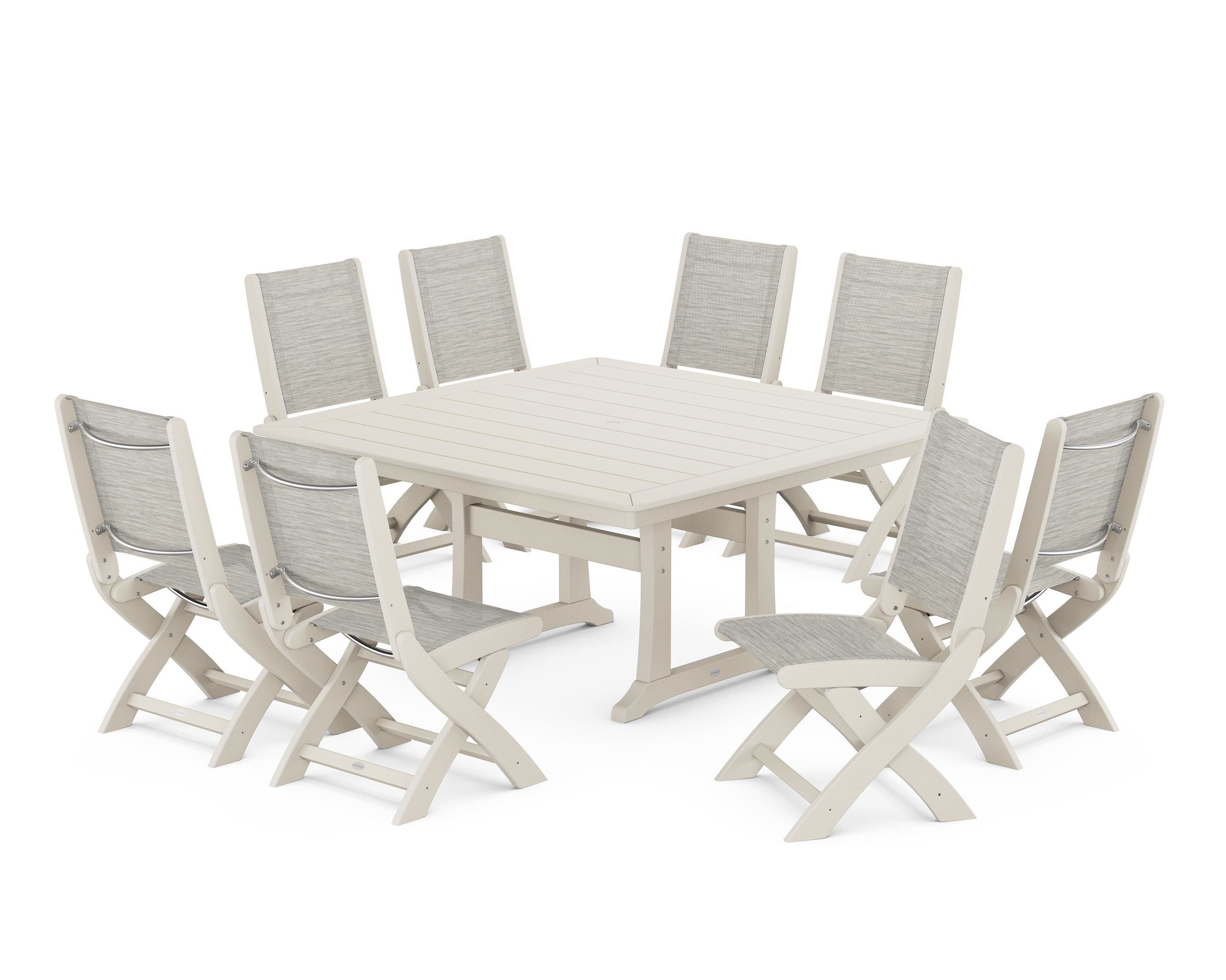 POLYWOOD Coastal Folding Side Chair 9-Piece Dining Set with Trestle Legs in Sand / Birch Sling