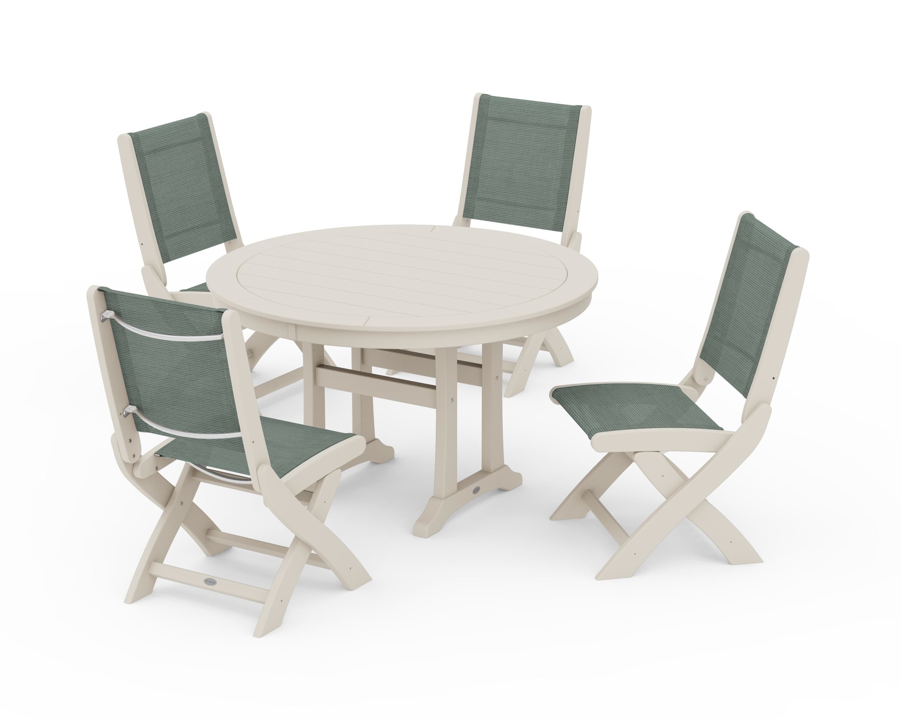 POLYWOOD Coastal Folding Side Chair 5-Piece Round Dining Set With Trestle Legs in Sand / Dupioni Sea Mist Sling