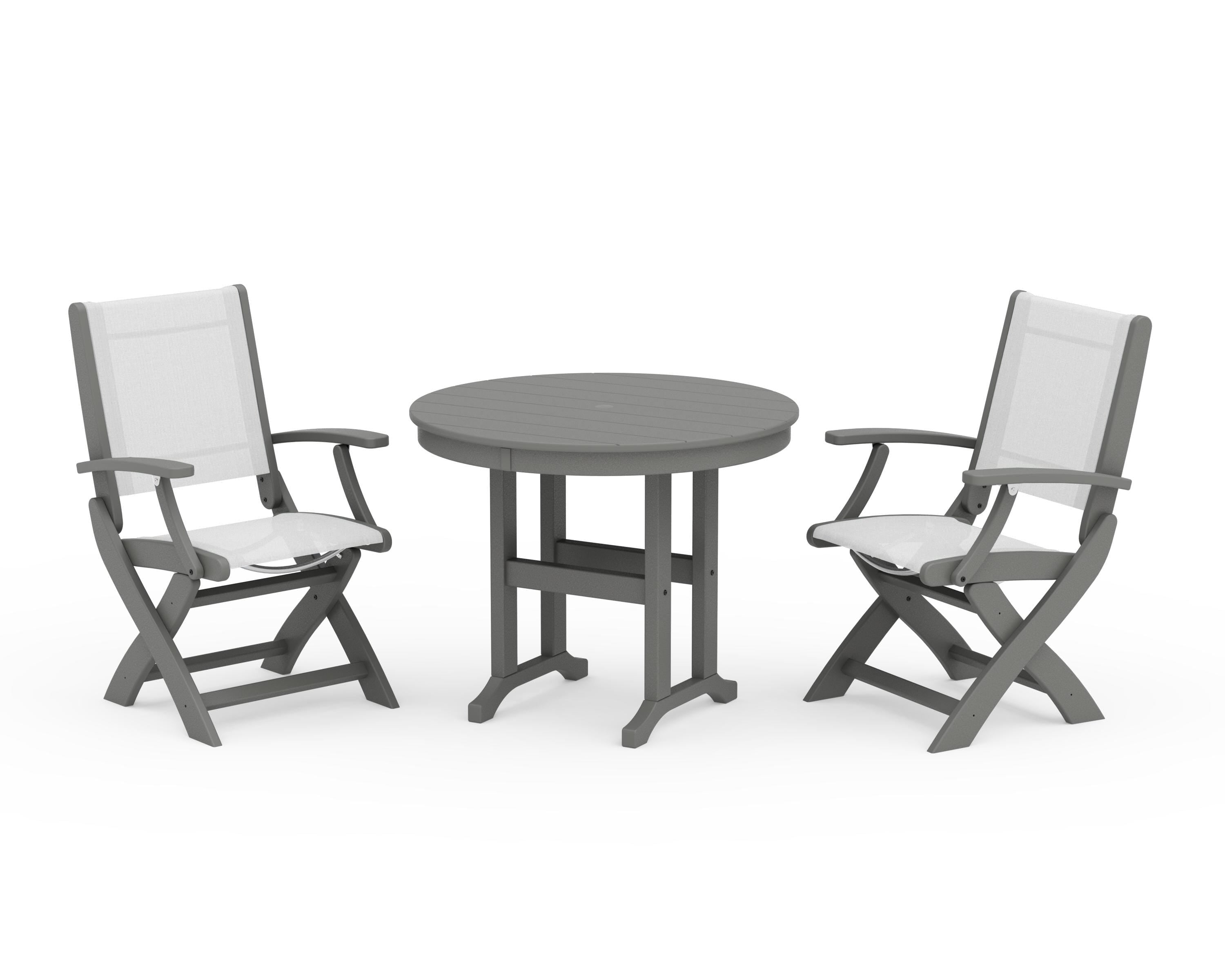 POLYWOOD Coastal Folding Chair 3-Piece Round Dining Set in Slate Grey / White Sling