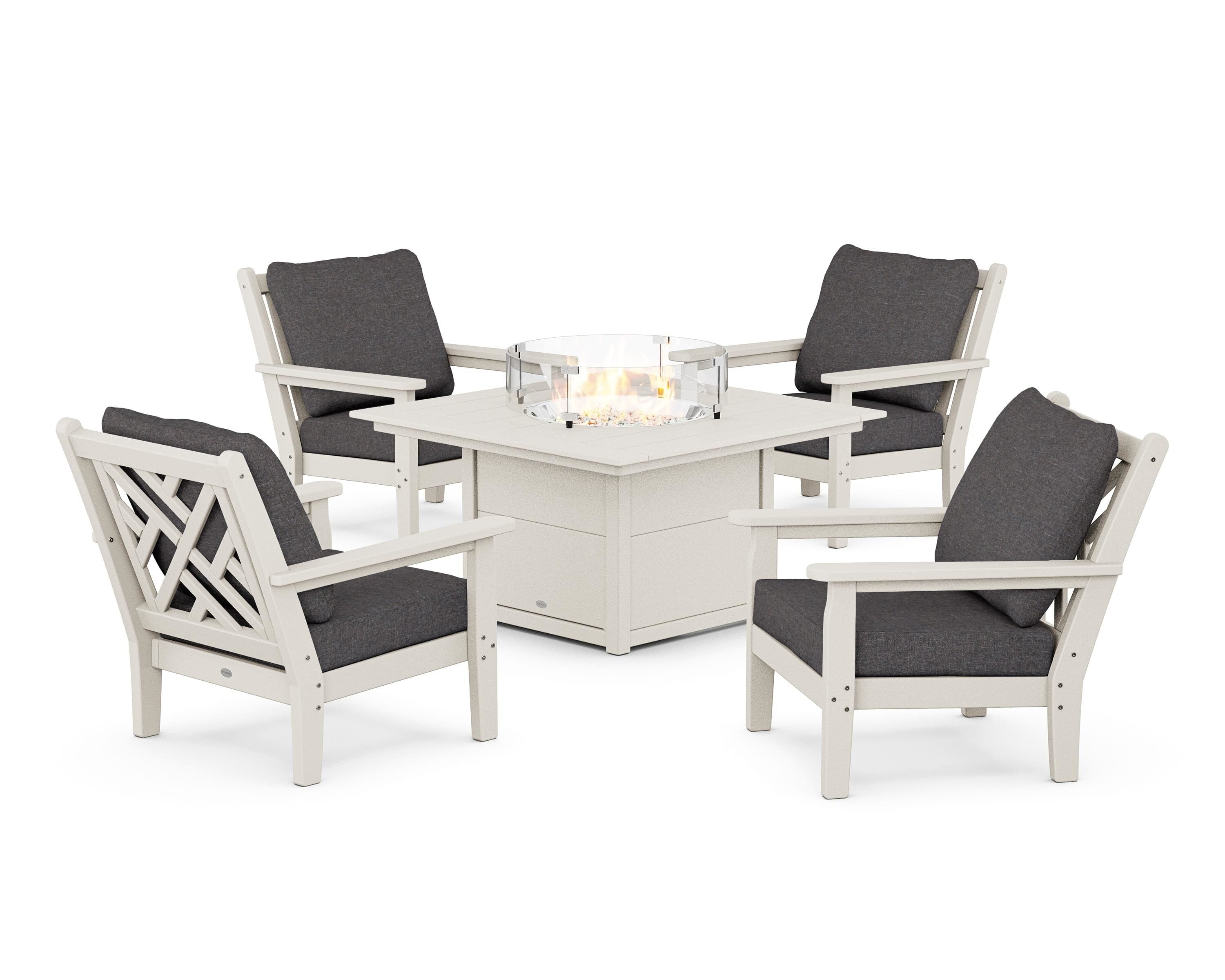 POLYWOOD Chippendale 5-Piece Deep Seating Set with Fire Pit Table in Sand / Ash Charcoal