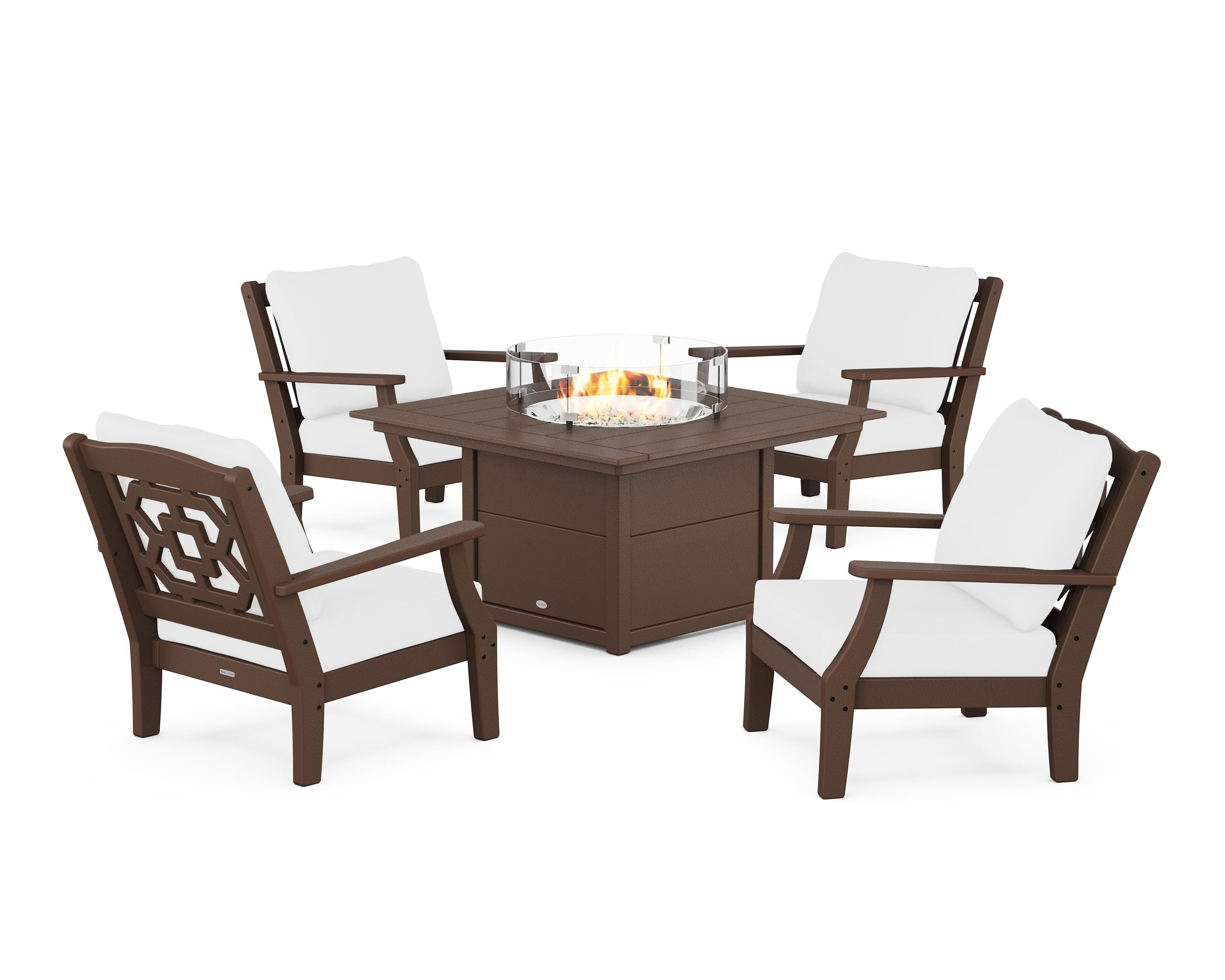Martha Stewart by POLYWOOD Chinoiserie 5-Piece Deep Seating Set with Fire Pit Table in Mahogany / Natural