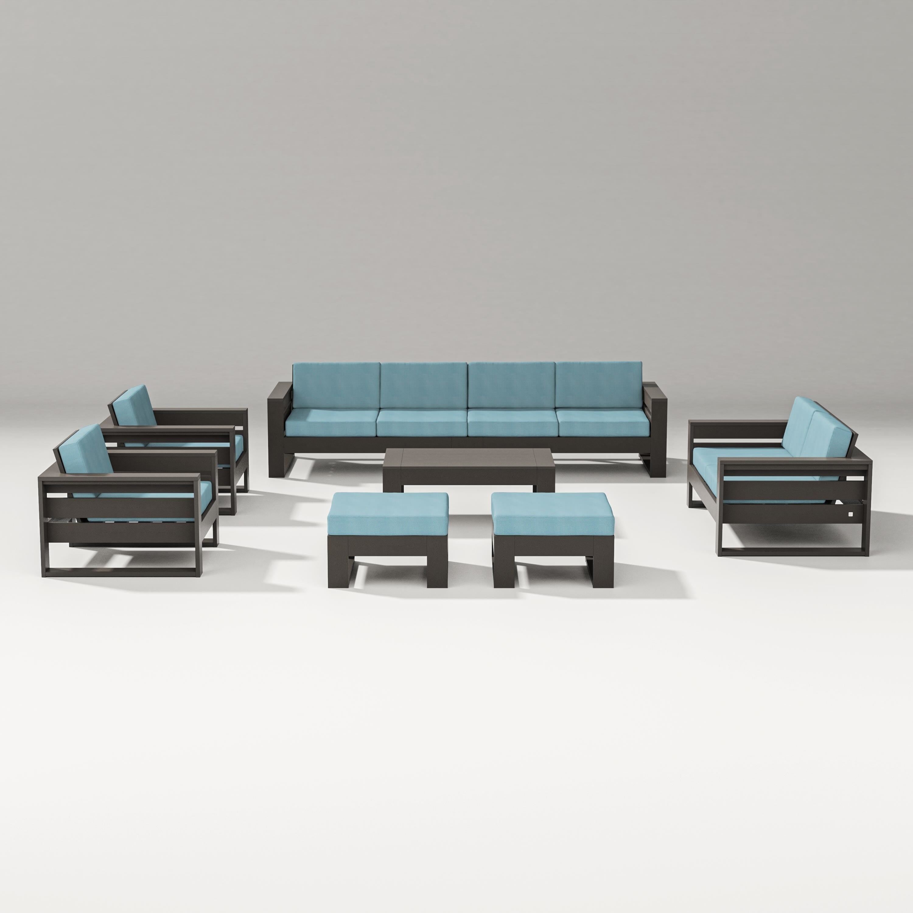 PW Designer Series Latitude 8-Piece Lounge Sofa Set in Vintage Coffee / Lattice Sky Blue
