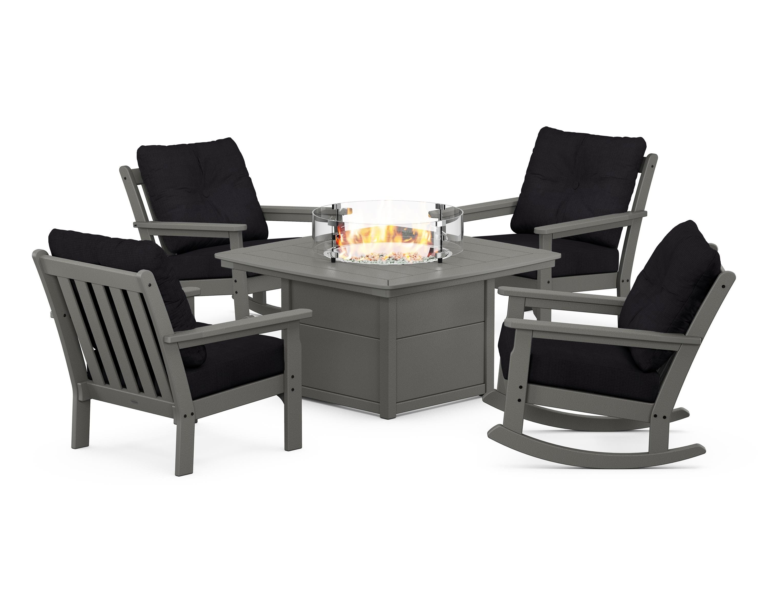 POLYWOOD Vineyard 5-Piece Deep Seating Rocking Chair Conversation Set with Fire Pit Table in Slate Grey / Midnight Linen