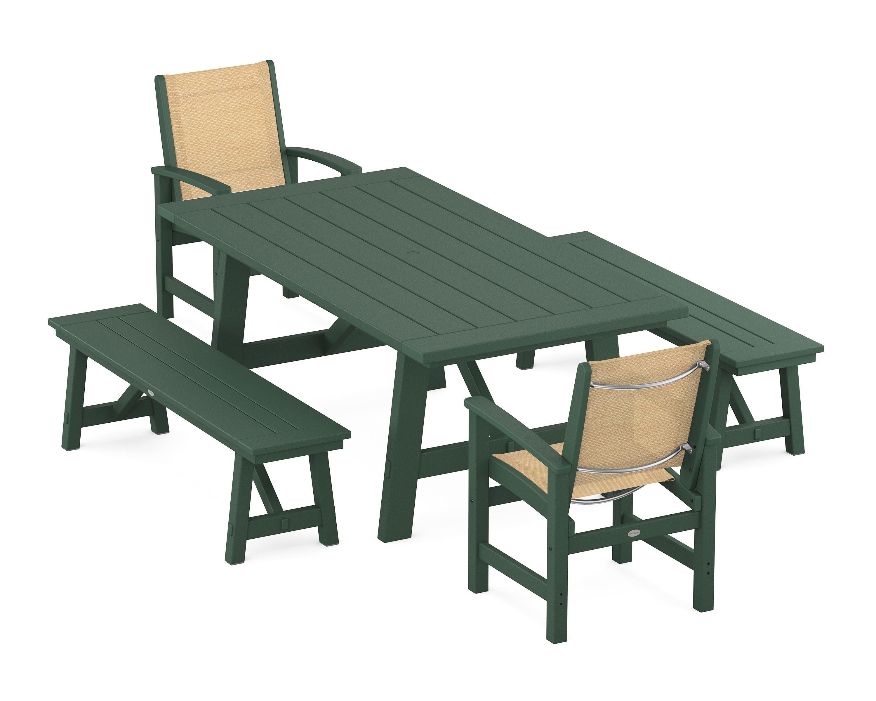 POLYWOOD Coastal 5-Piece Rustic Farmhouse Dining Set With Benches in Green / Dupioni Apricot Sling