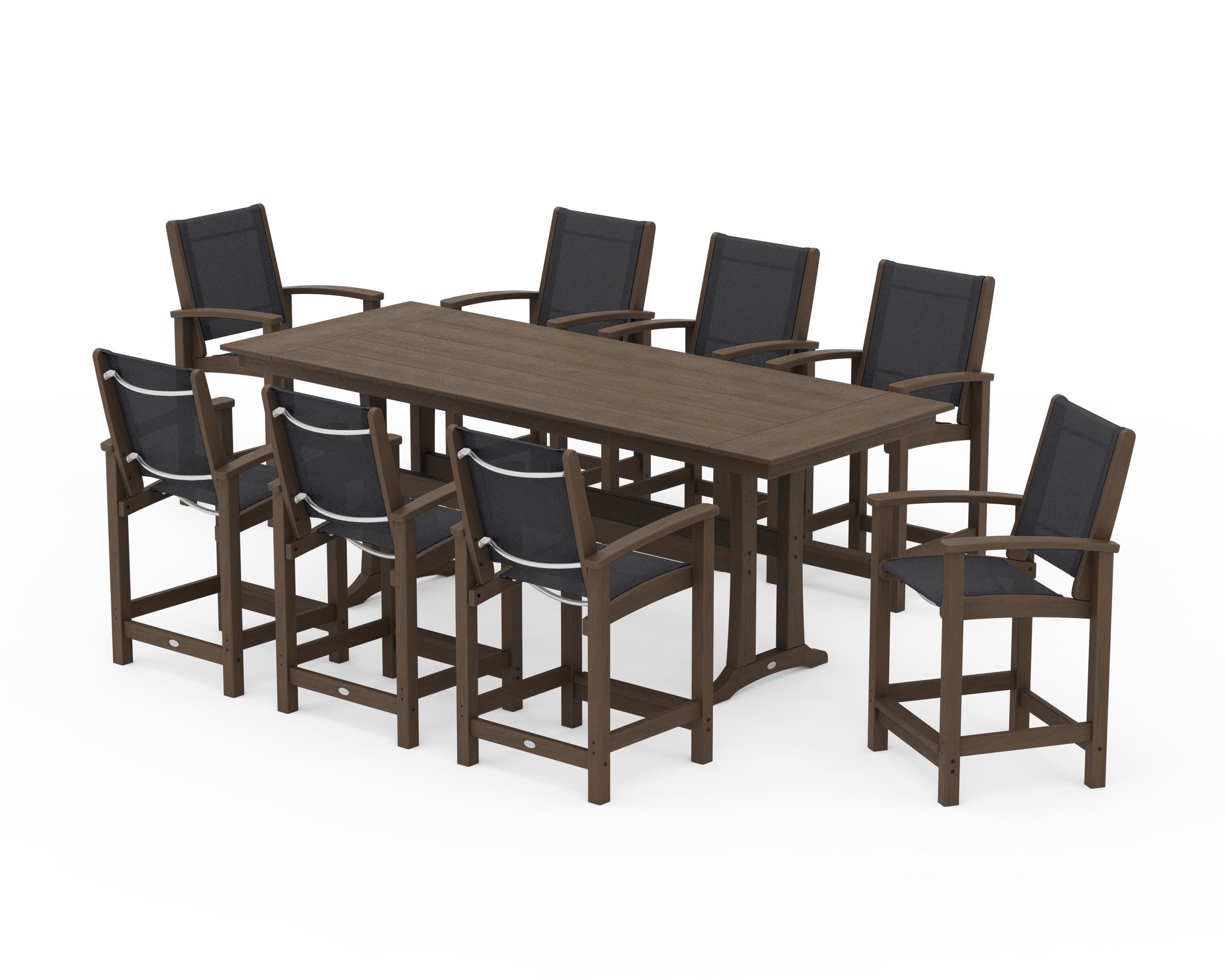POLYWOOD Coastal 9-Piece Farmhouse Counter Set with Trestle Legs in Kona / Black Sling