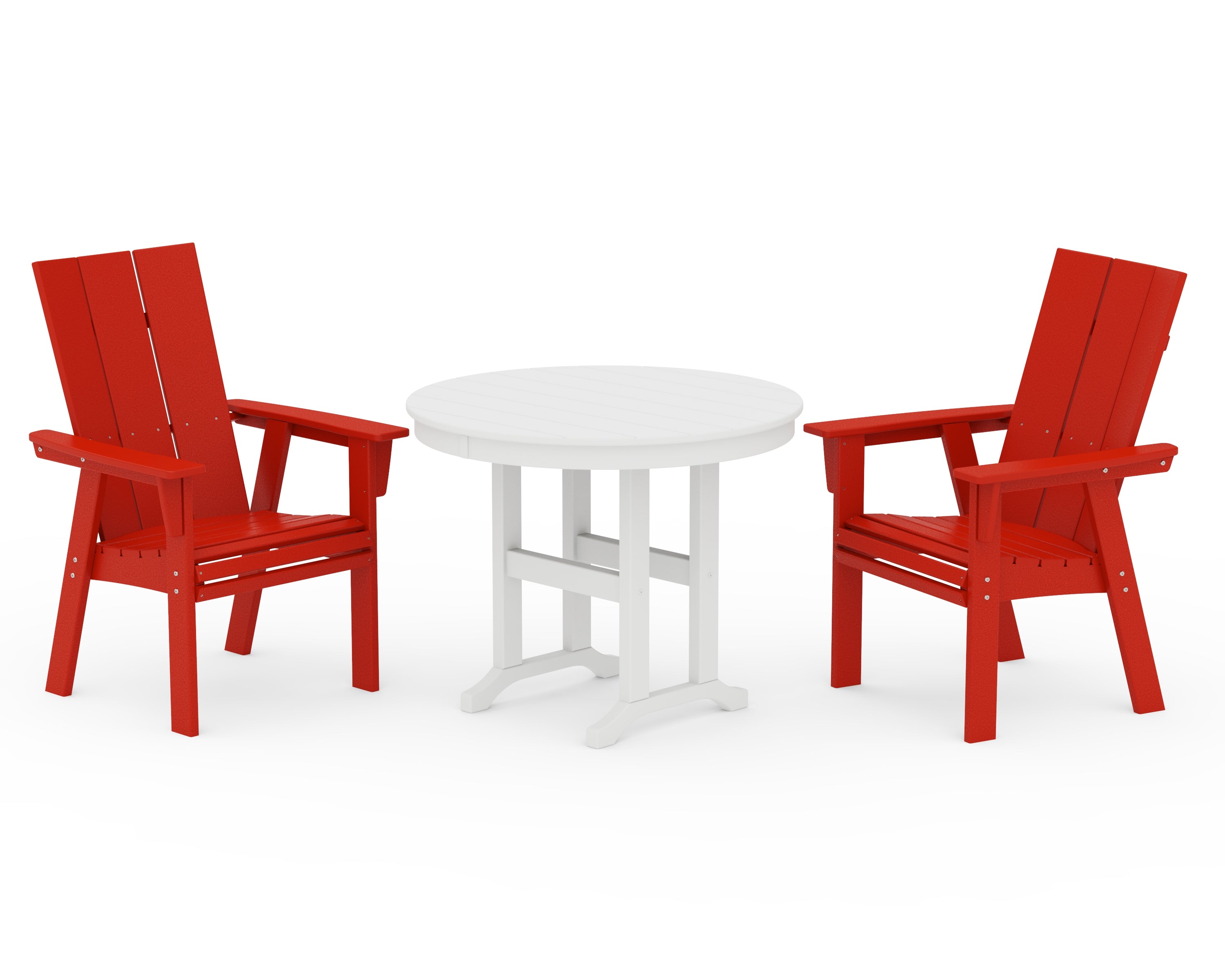POLYWOOD Modern Adirondack 3-Piece Round Dining Set in Sunset Red / White