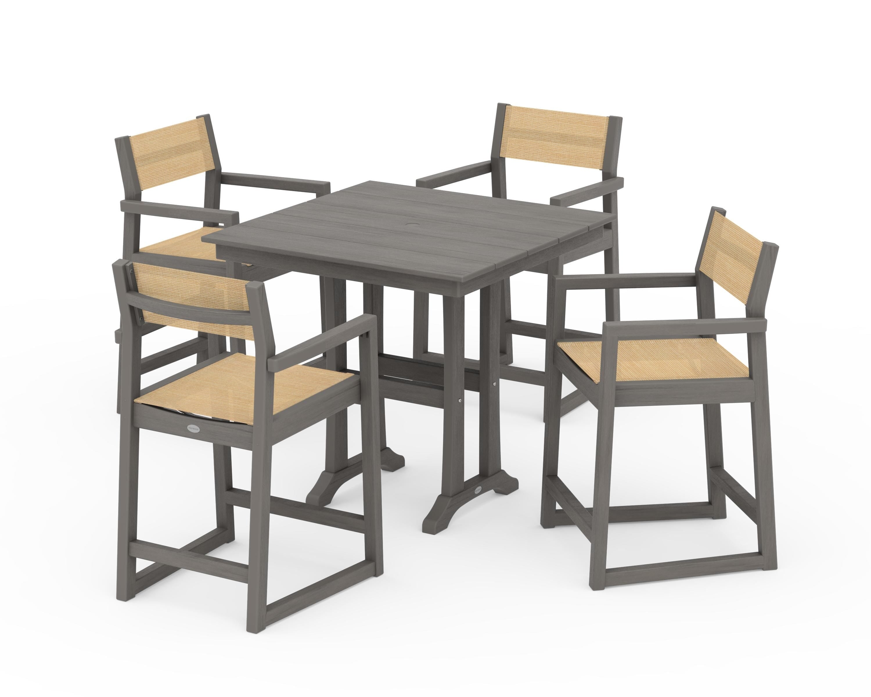 POLYWOOD EDGE Sling Arm Chair 5-Piece Farmhouse Counter Set with Trestle Legs in Driftwood / Dupioni Apricot Sling