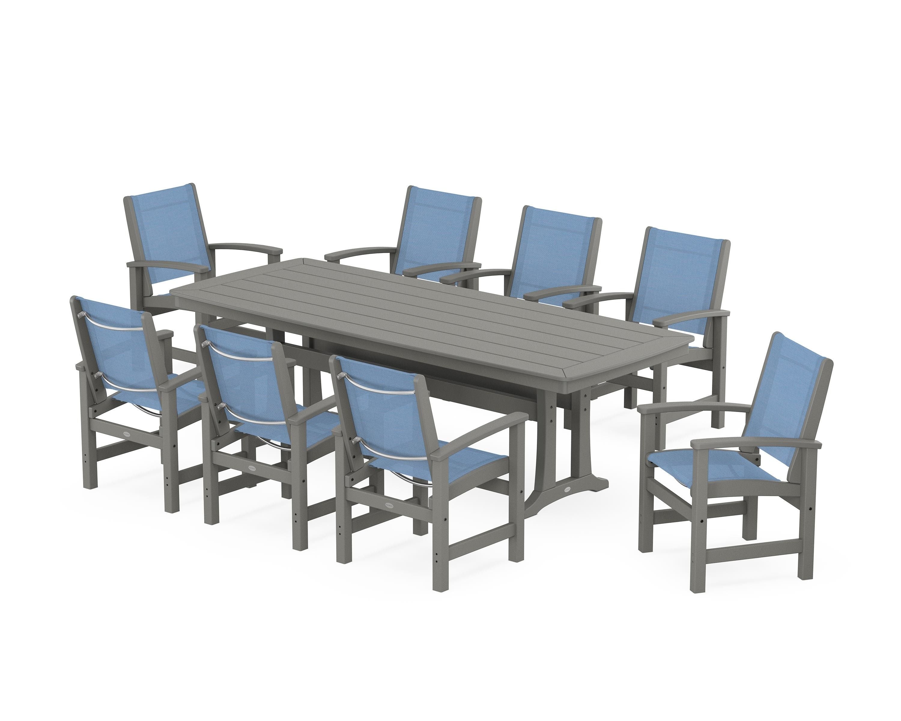 POLYWOOD Coastal 9-Piece Dining Set with Trestle Legs in Slate Grey / Poolside Sling