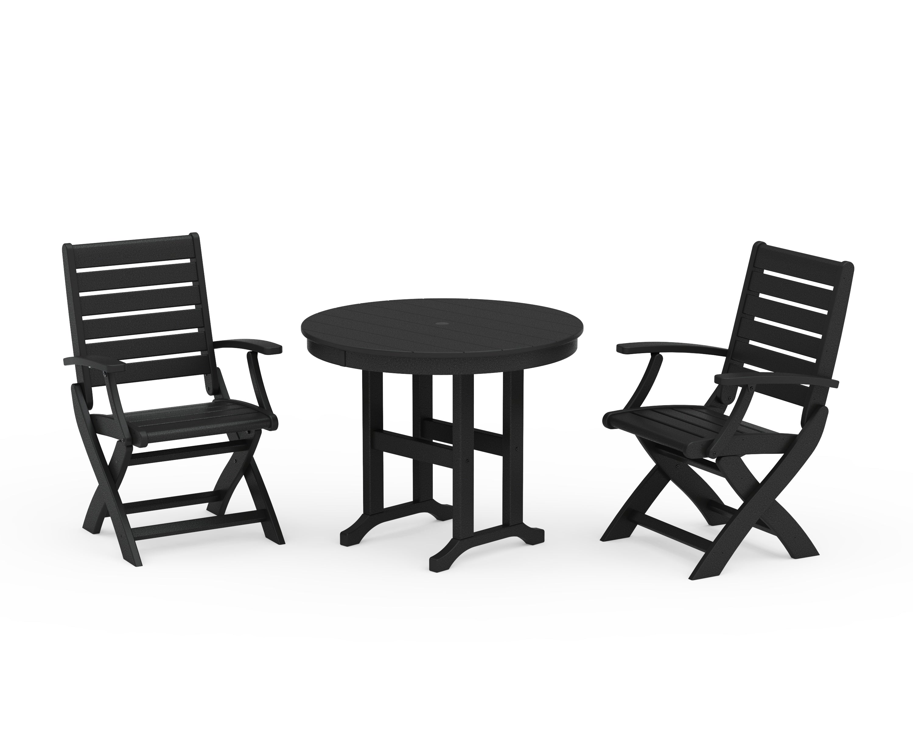 POLYWOOD Signature Folding Chair 3-Piece Round Farmhouse Dining Set in Black
